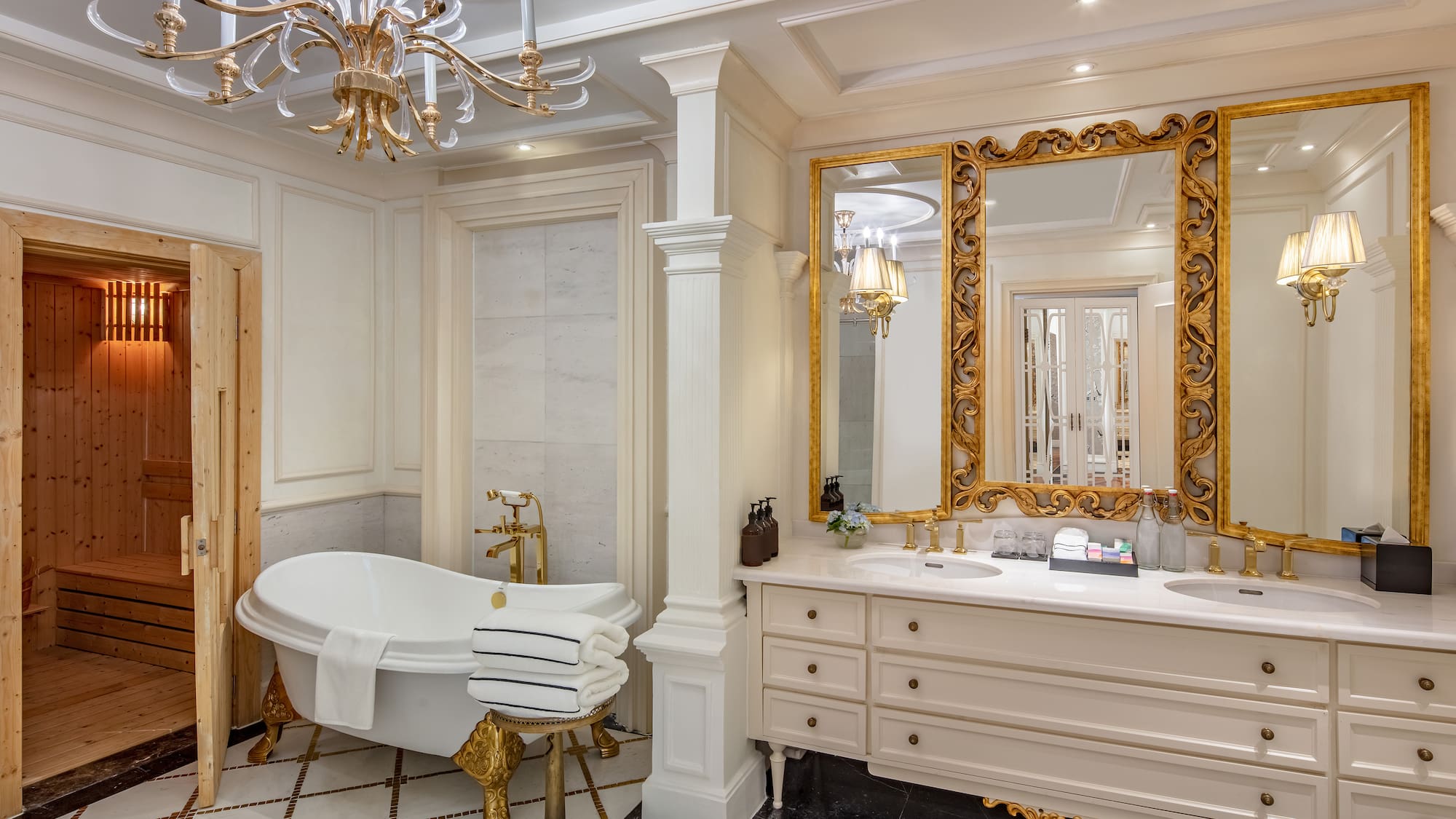 a bathroom with a large mirror and a tub