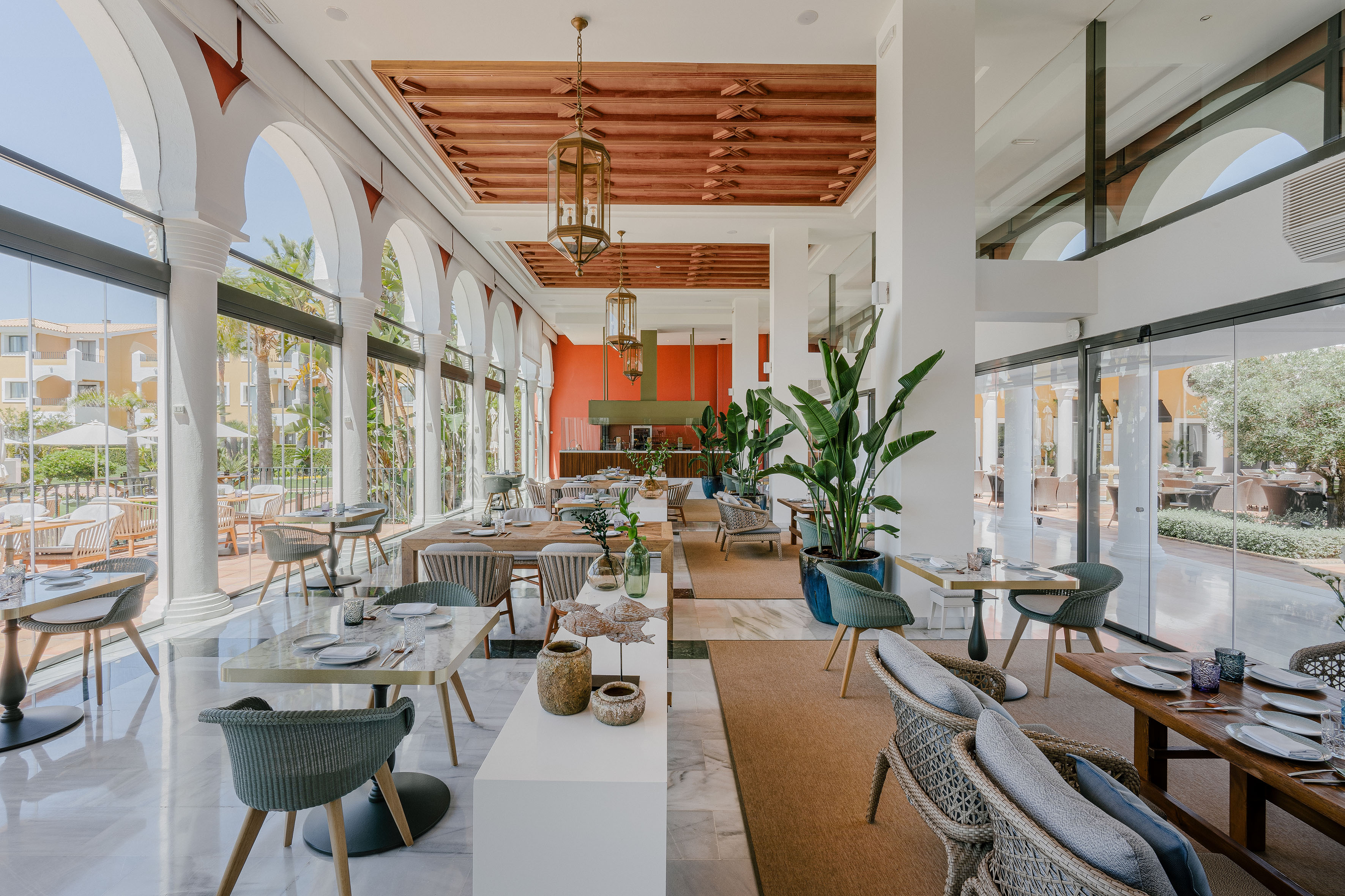 a room with tables and chairs