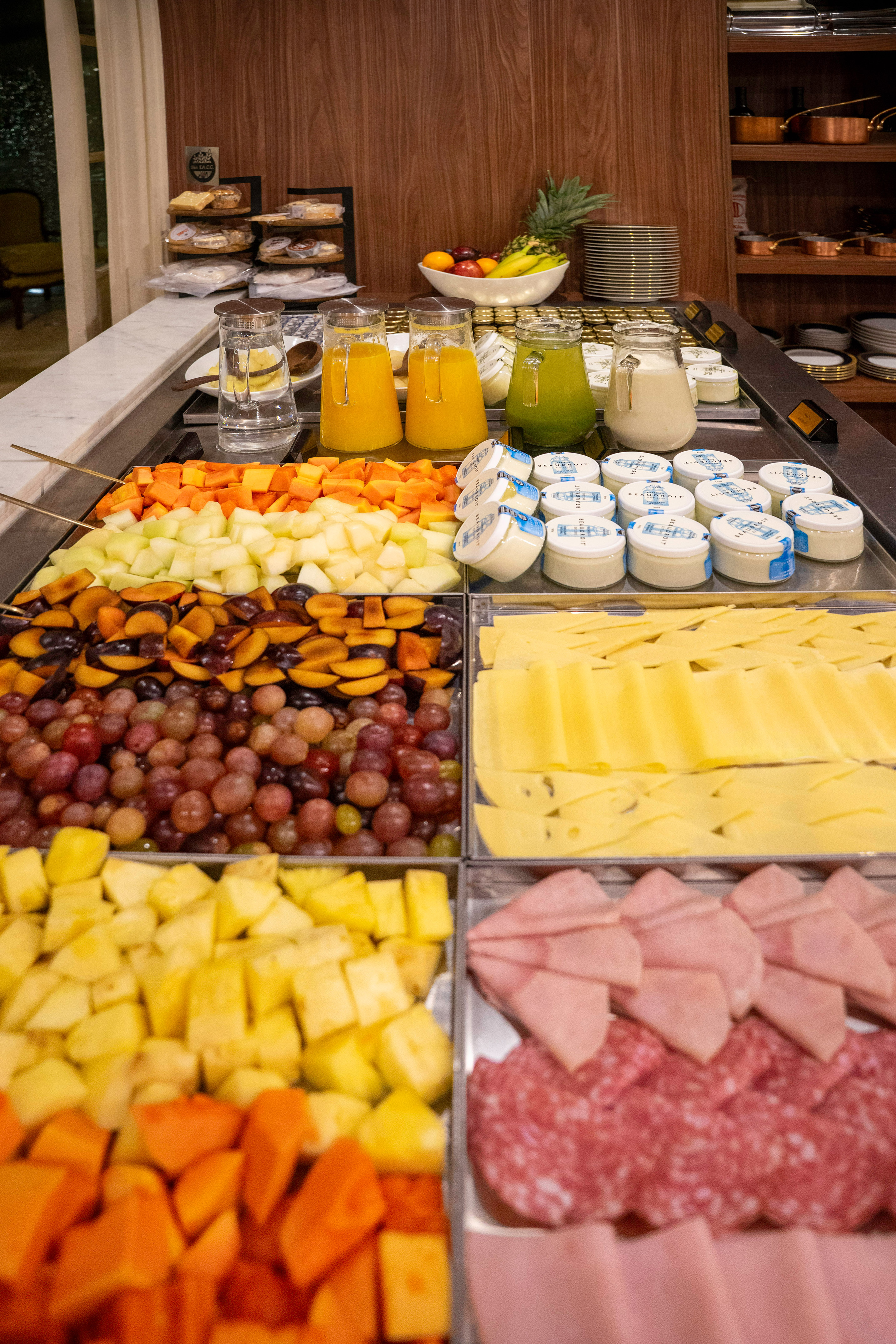 a buffet table full of food
