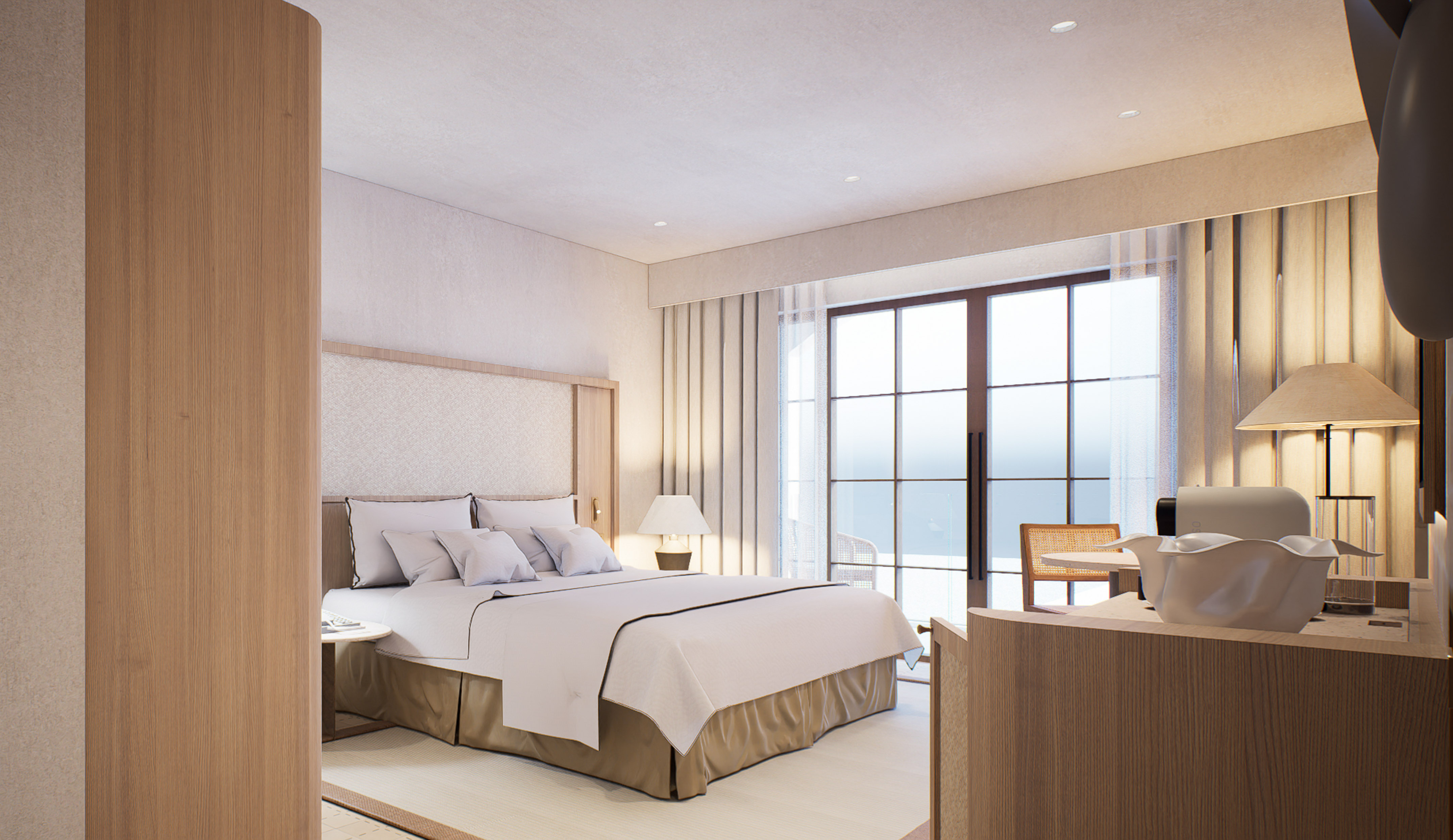 a bedroom with a bed and a table