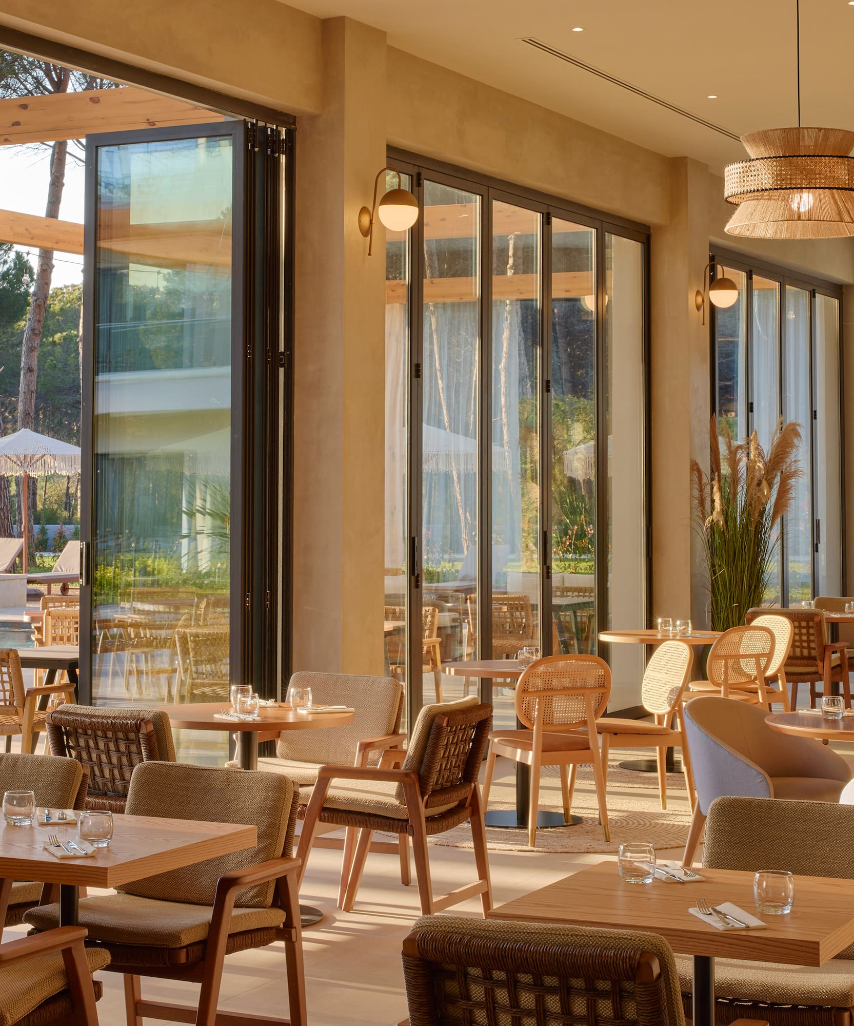 a room with tables and chairs