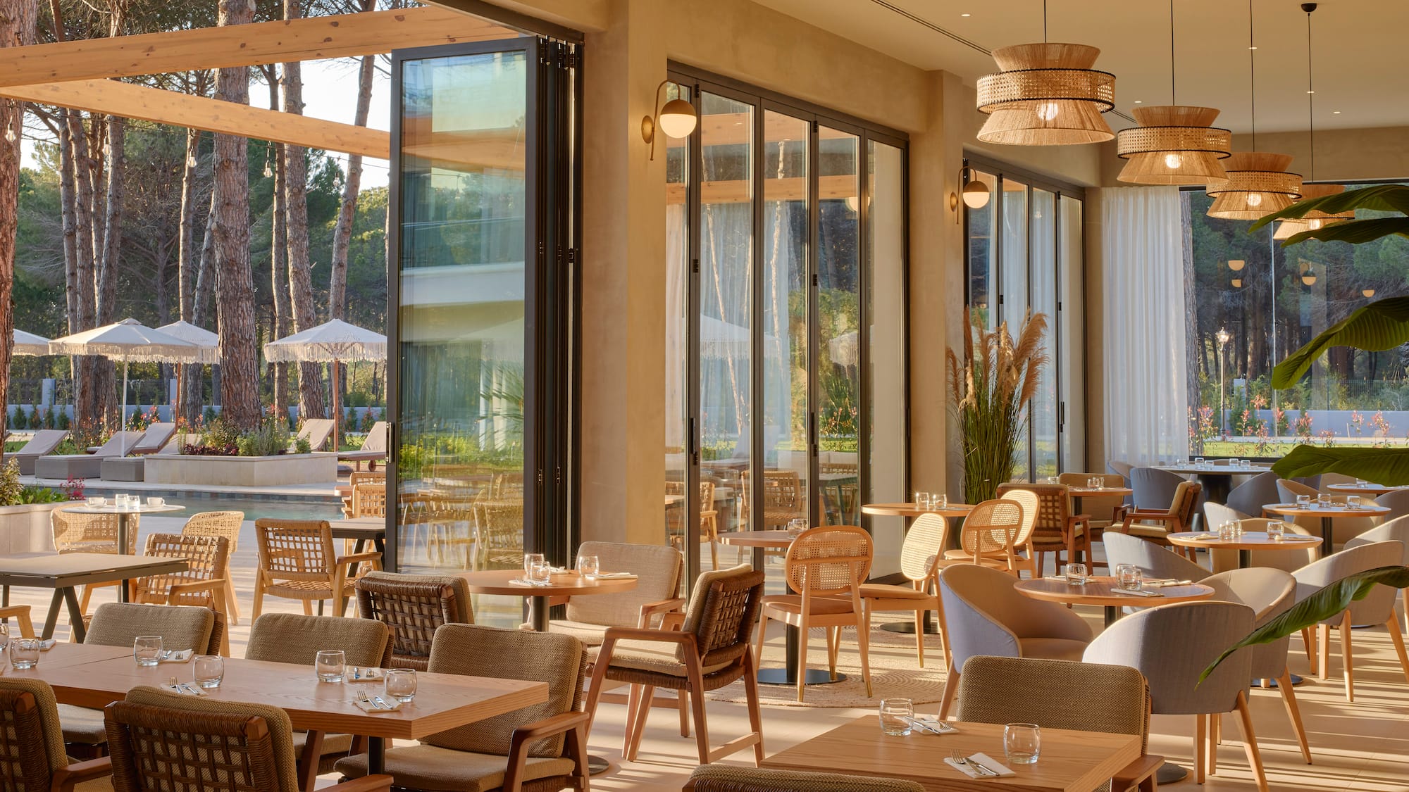 a room with tables and chairs