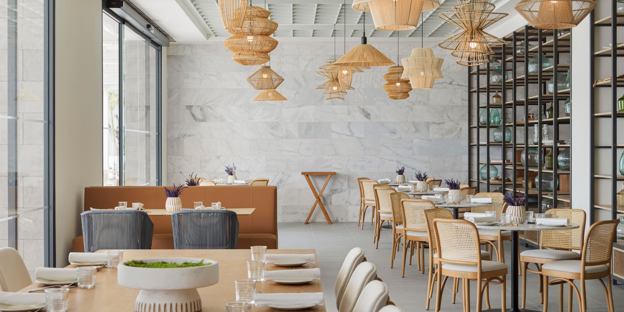 a room with tables and chairs