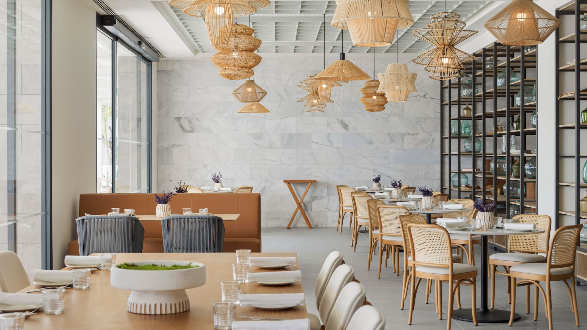 a room with tables and chairs