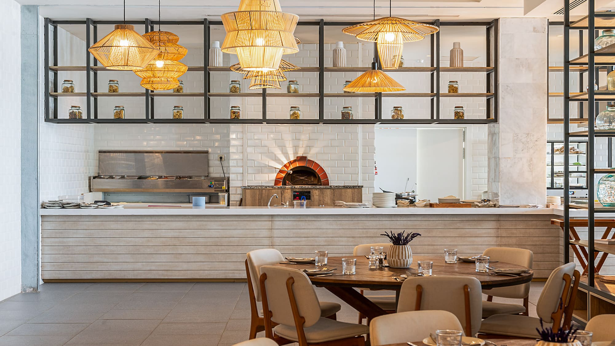 a restaurant with a large kitchen