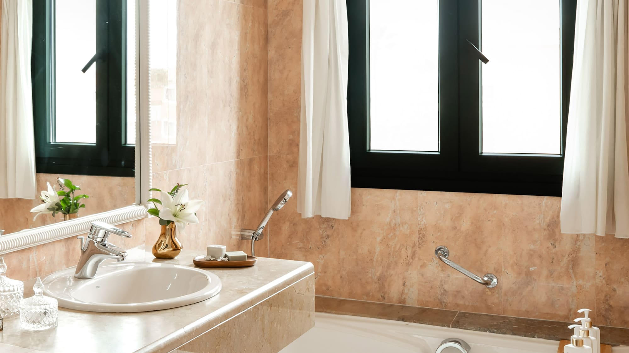 a bathroom with a sink and tub