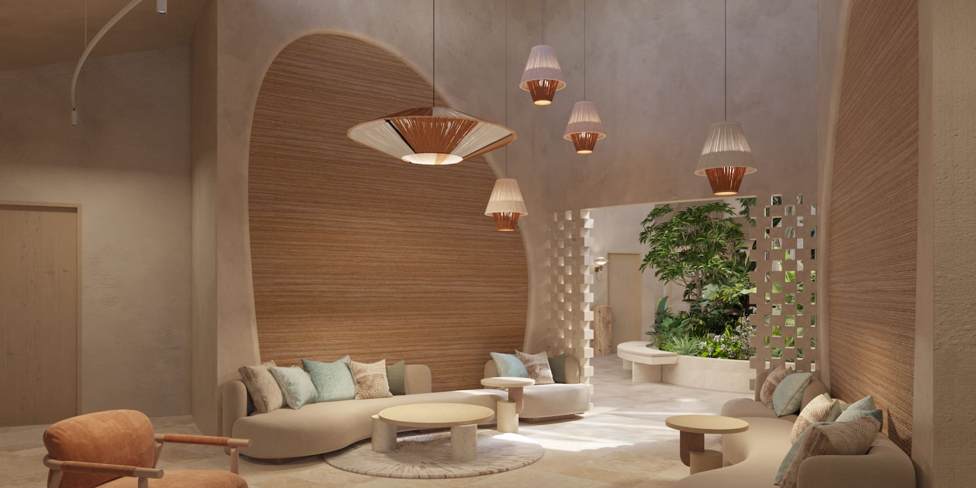 a room with a round table and chairs