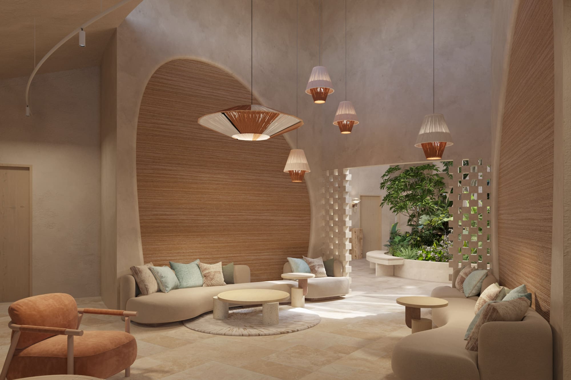 a room with a round table and chairs