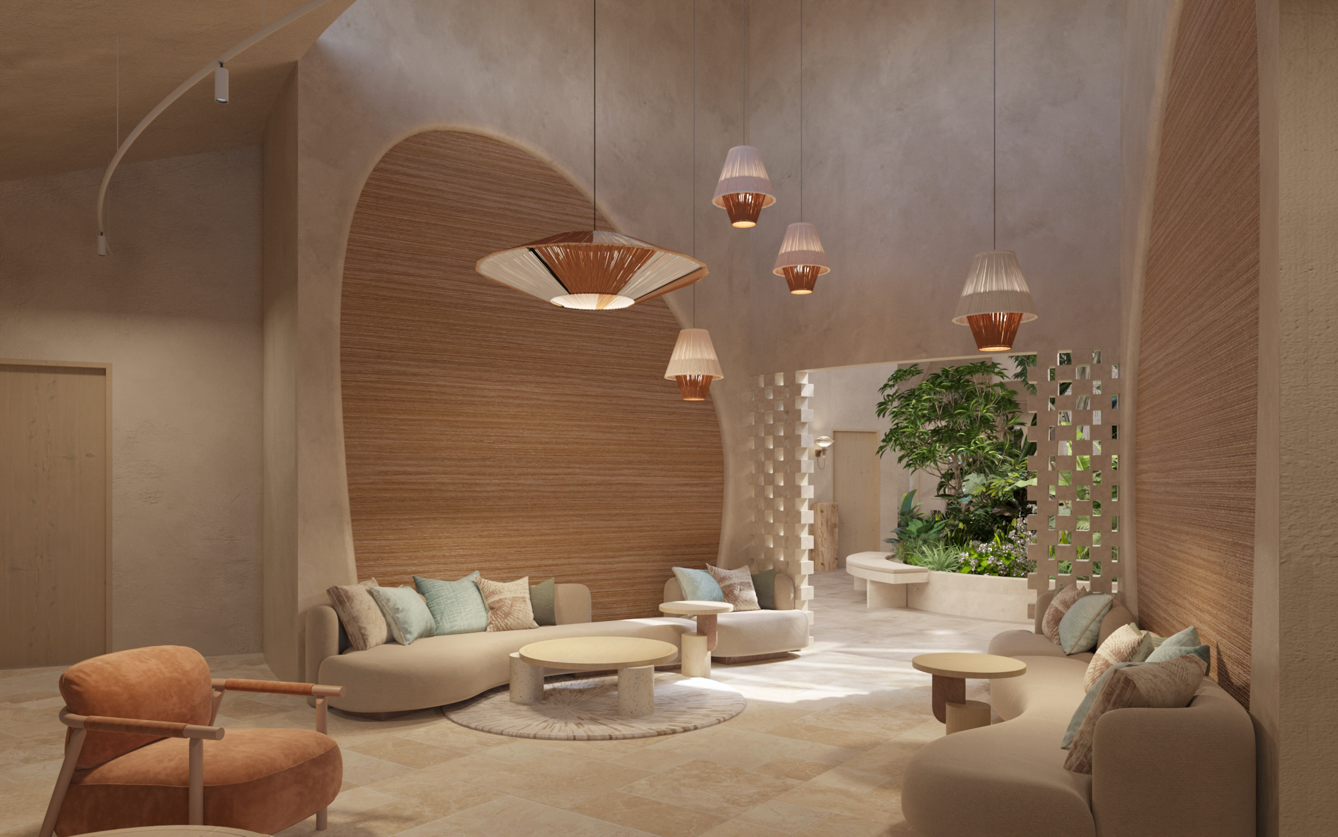 Modern organic lobby lounge with curved seating, wood accents, and woven lights.