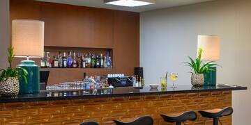 a bar with a plant and a candle on top