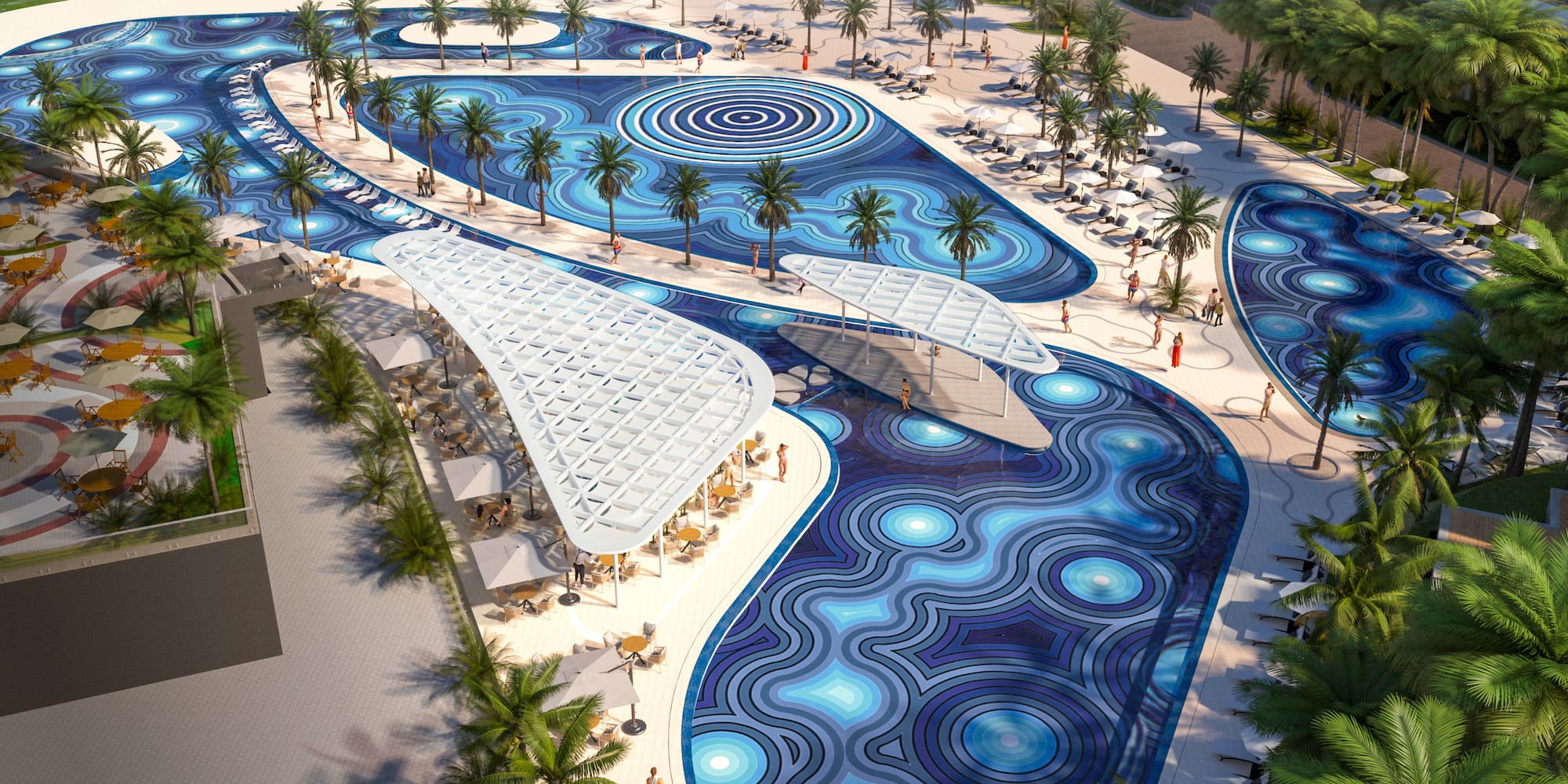 a pool with palm trees and people