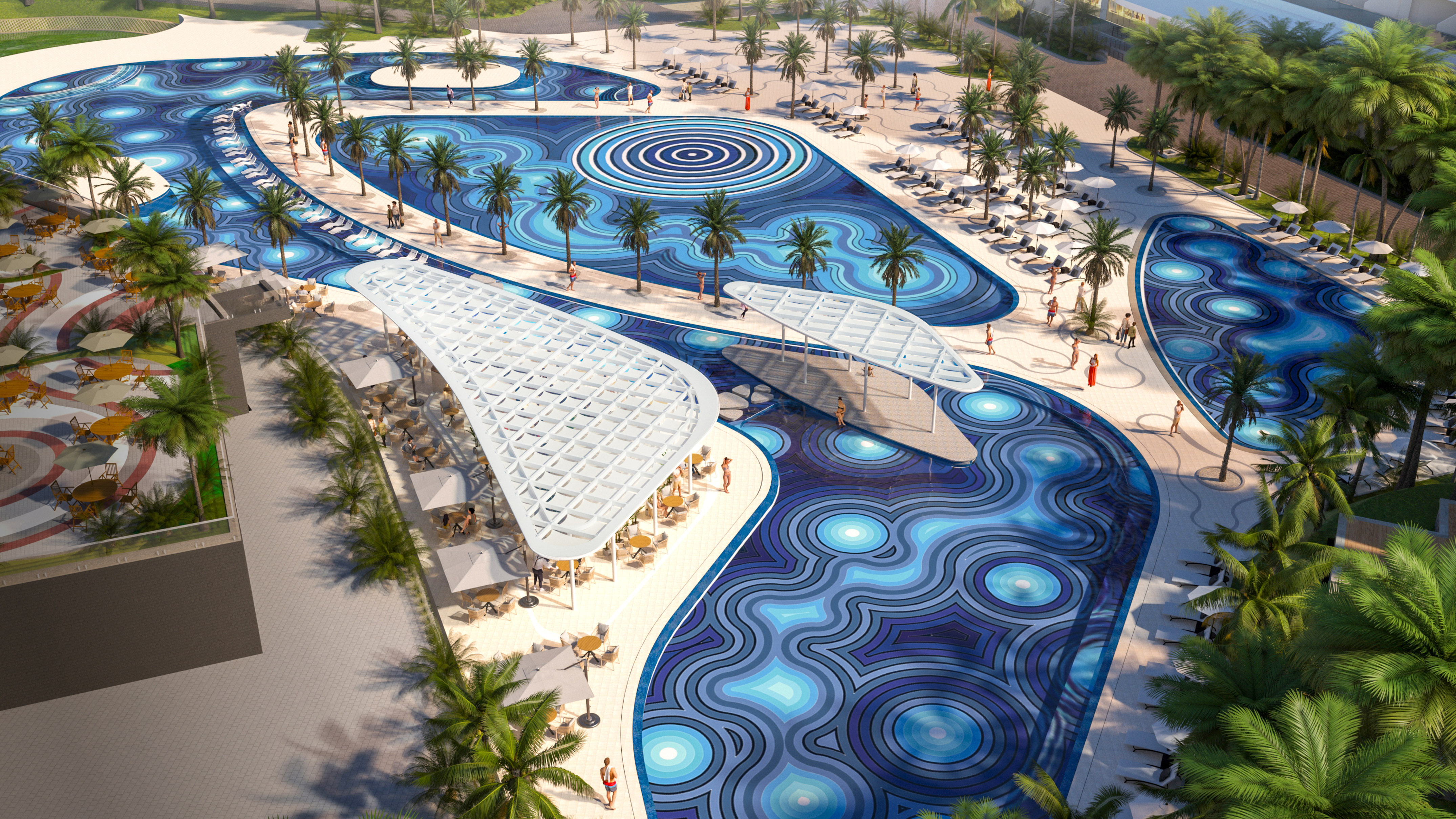 Tropical resort pool complex, modern blue patterns, palm trees, outdoor dining.