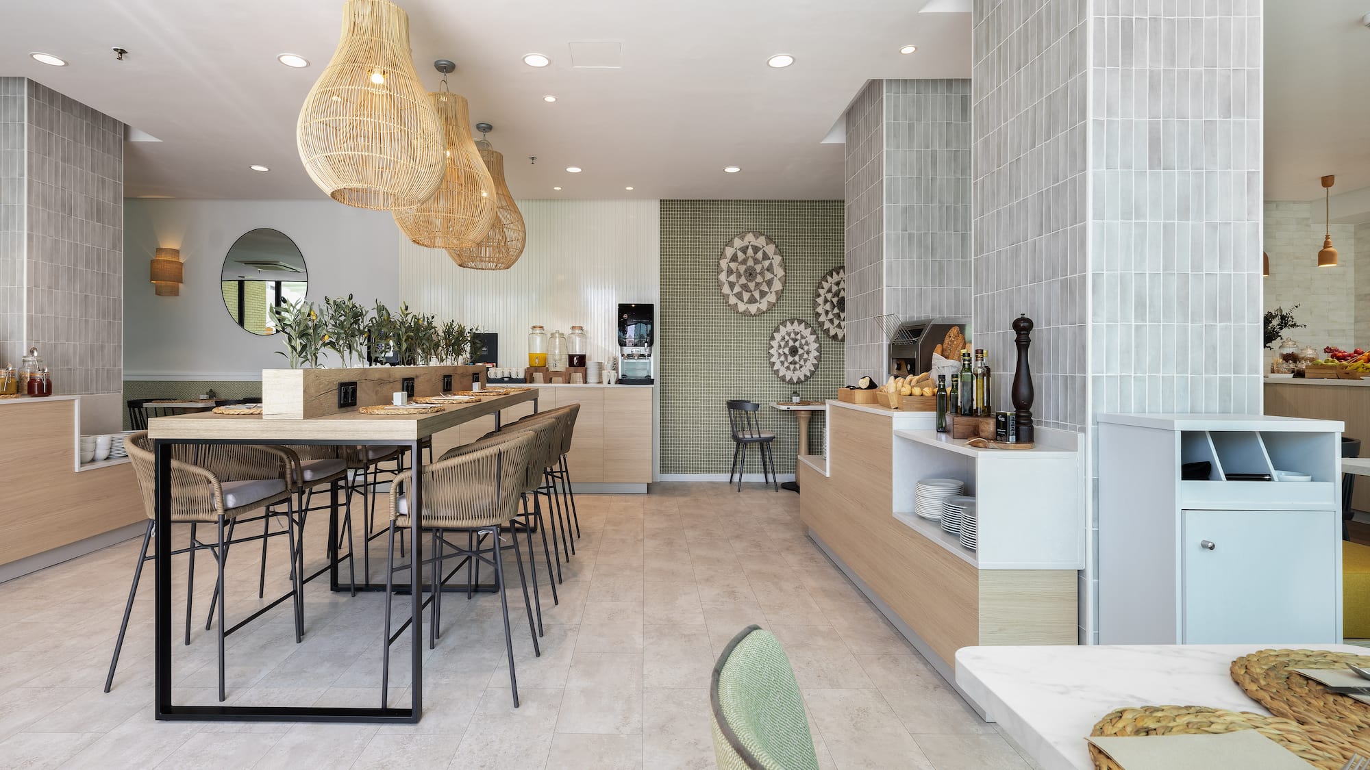 a restaurant with a bar and chairs