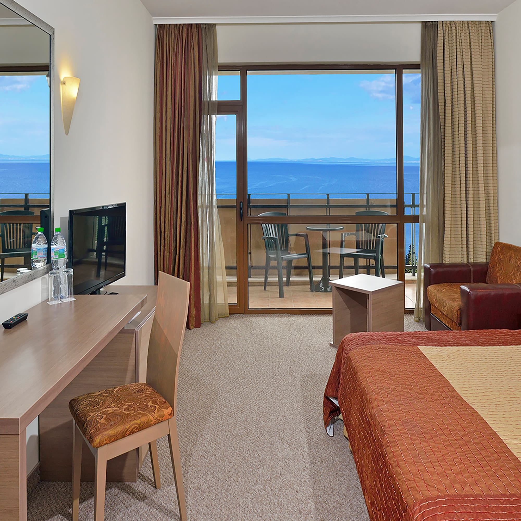 a room with a television and a table