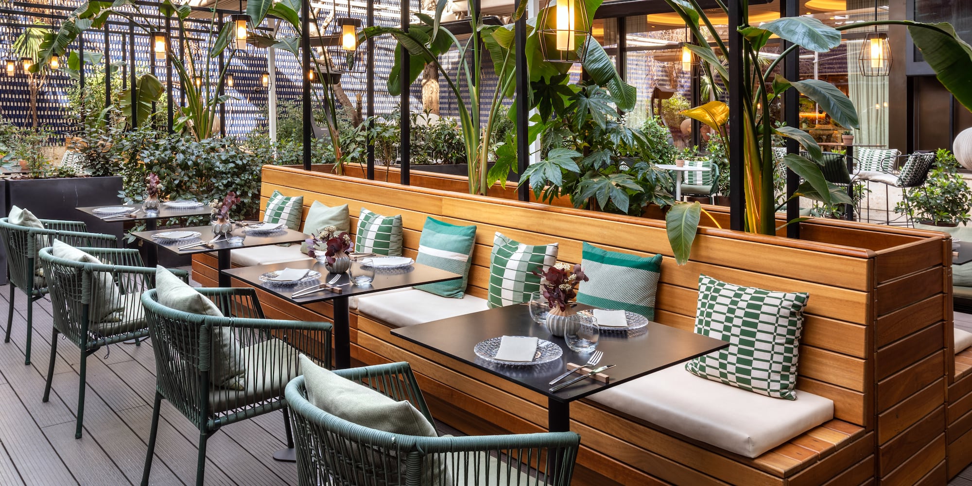 a table and chairs in a restaurant
