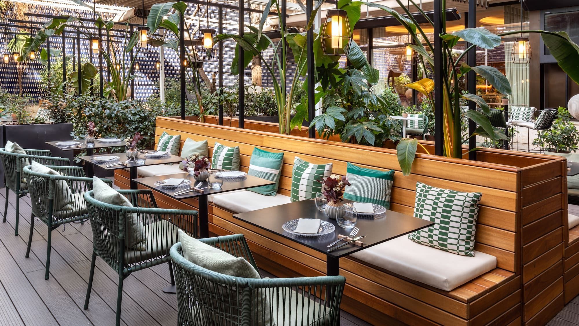 a table and chairs in a restaurant