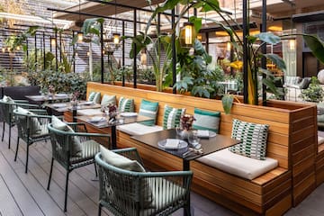 a table and chairs in a restaurant