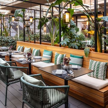 a table and chairs in a restaurant