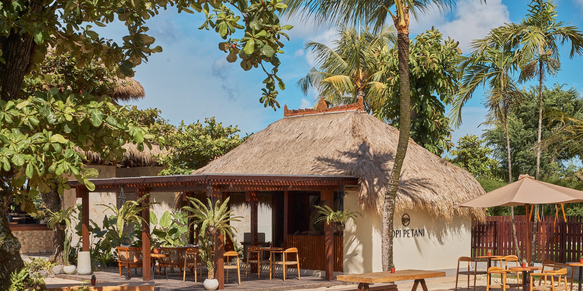 a building with tables and benches