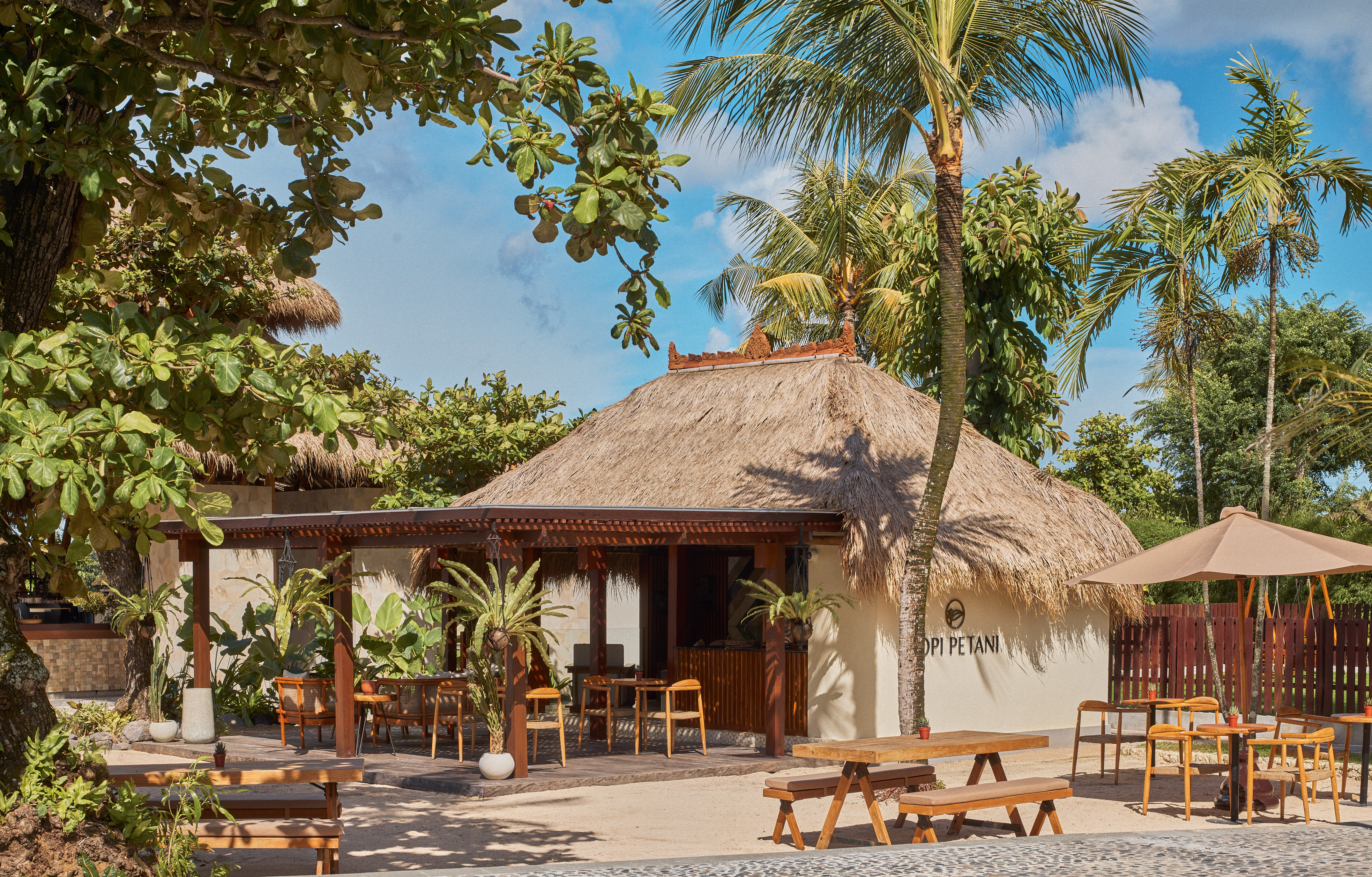 a building with tables and benches