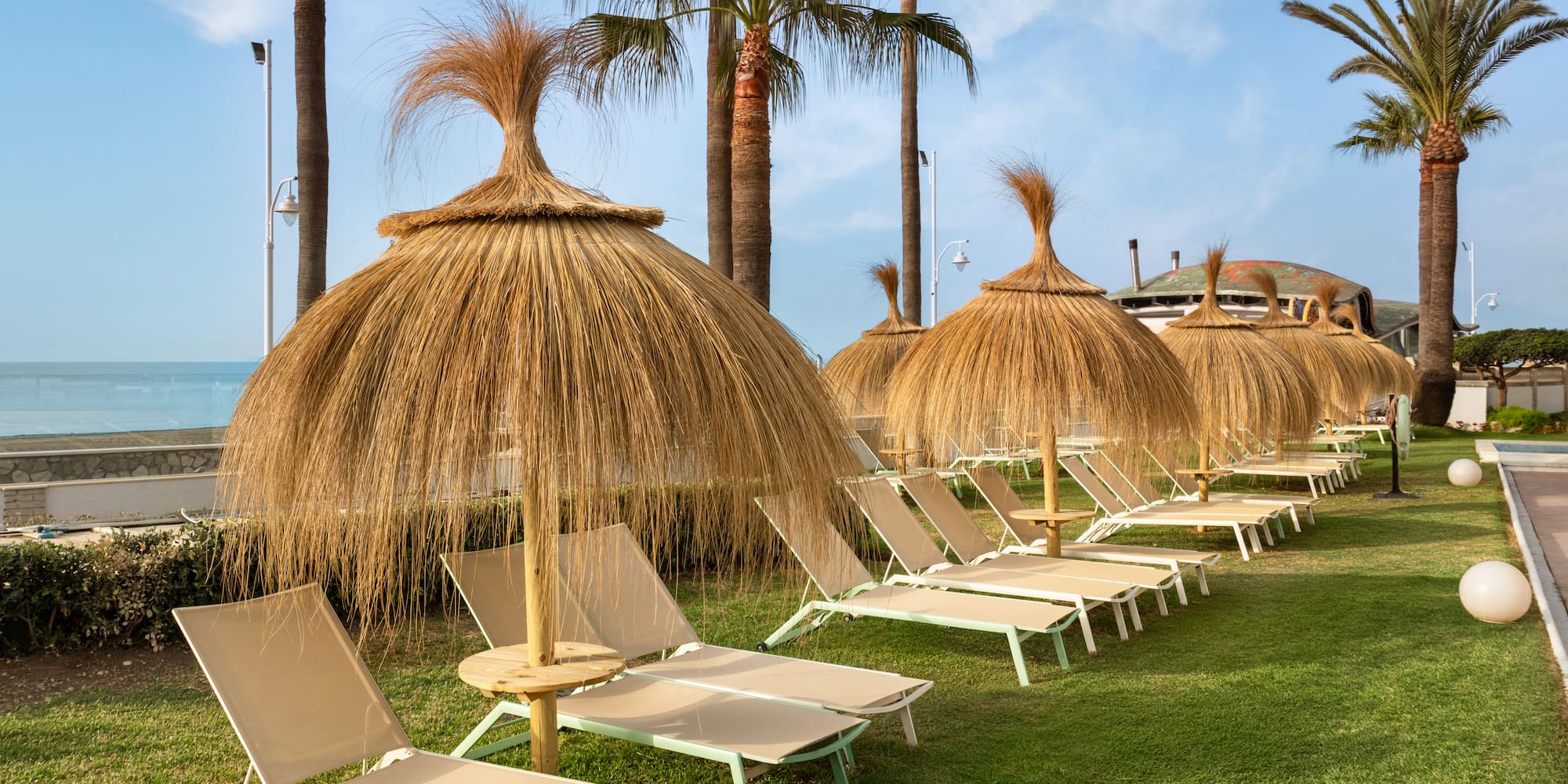 Tropical resort with straw parasols, sun loungers, palm trees, and sea view.