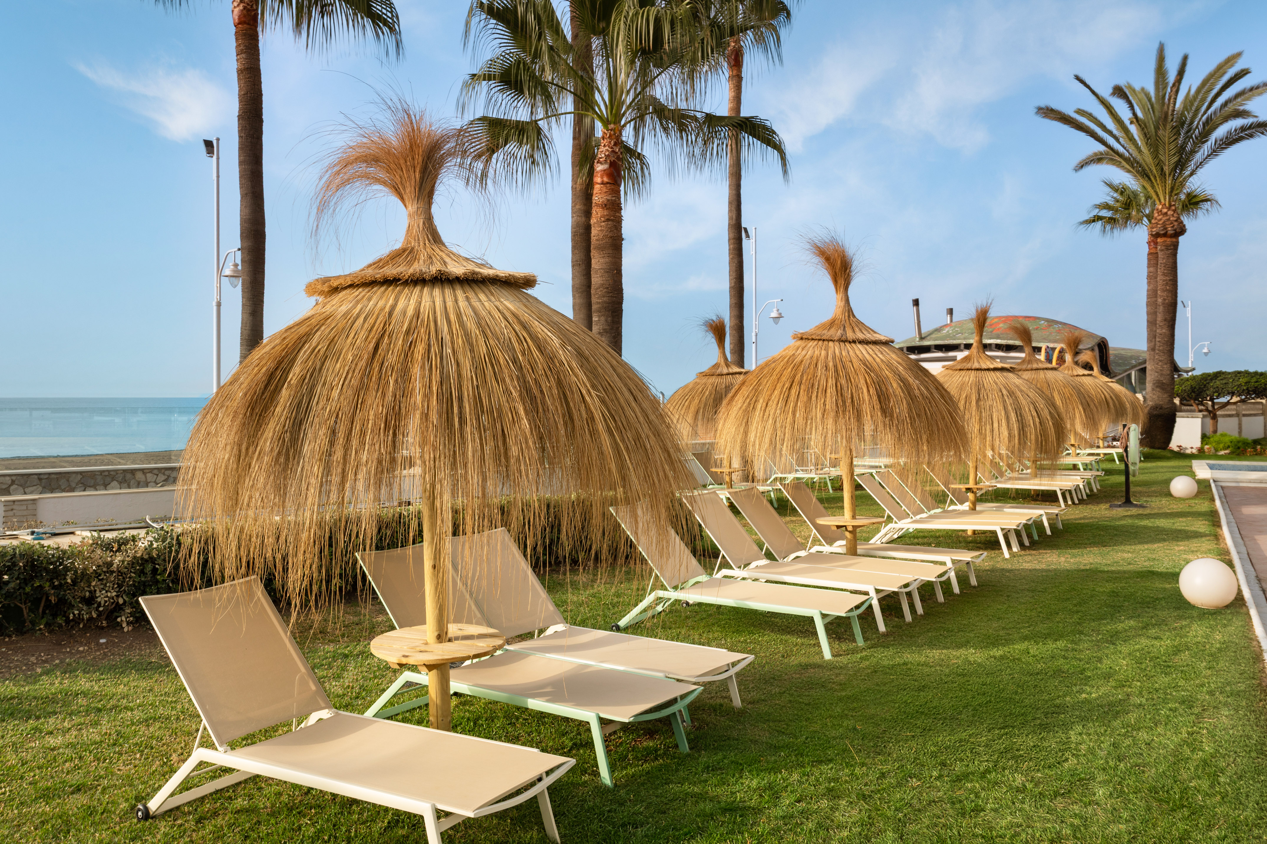 Tropical resort with straw parasols, sun loungers, palm trees, and sea view.