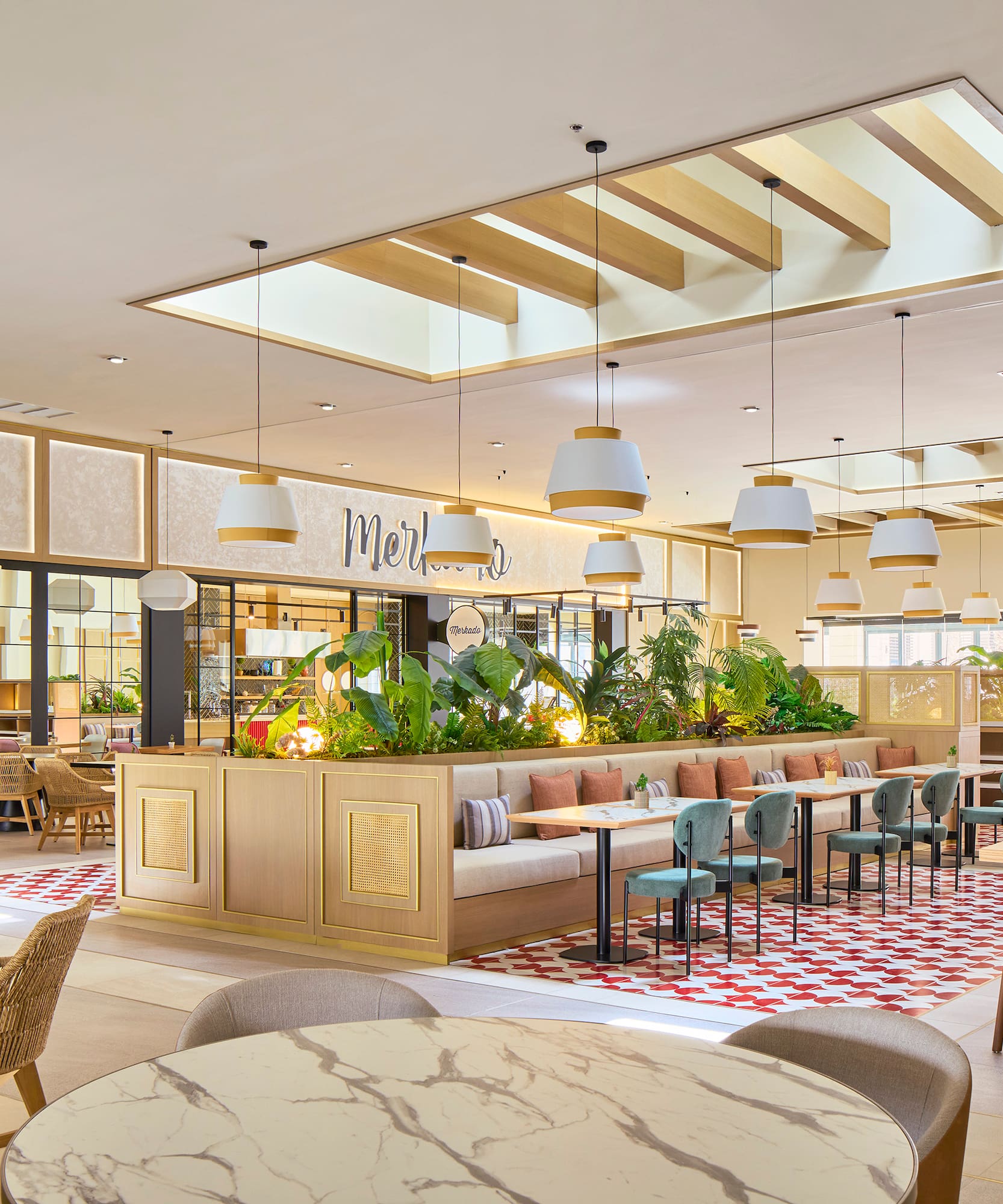 a restaurant with tables and chairs