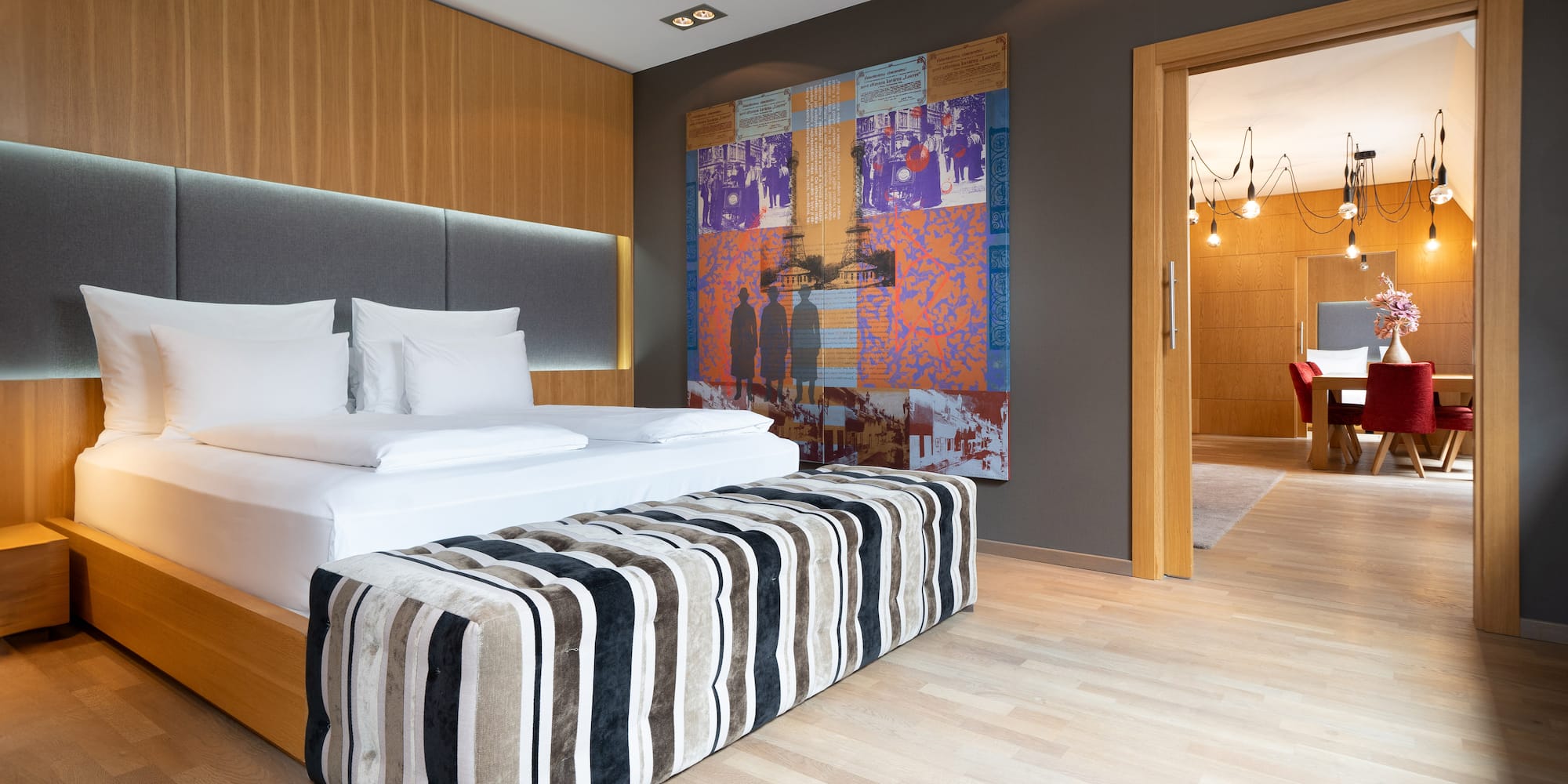 a room with a bed and a door