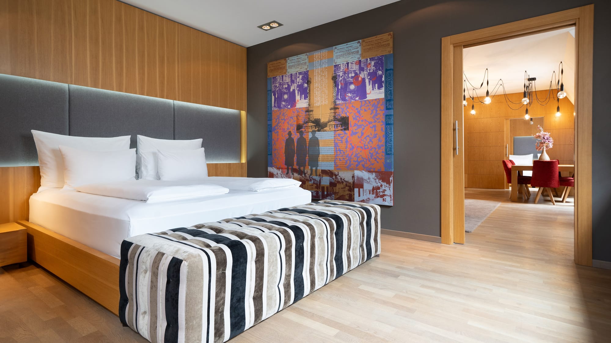 a room with a bed and a door