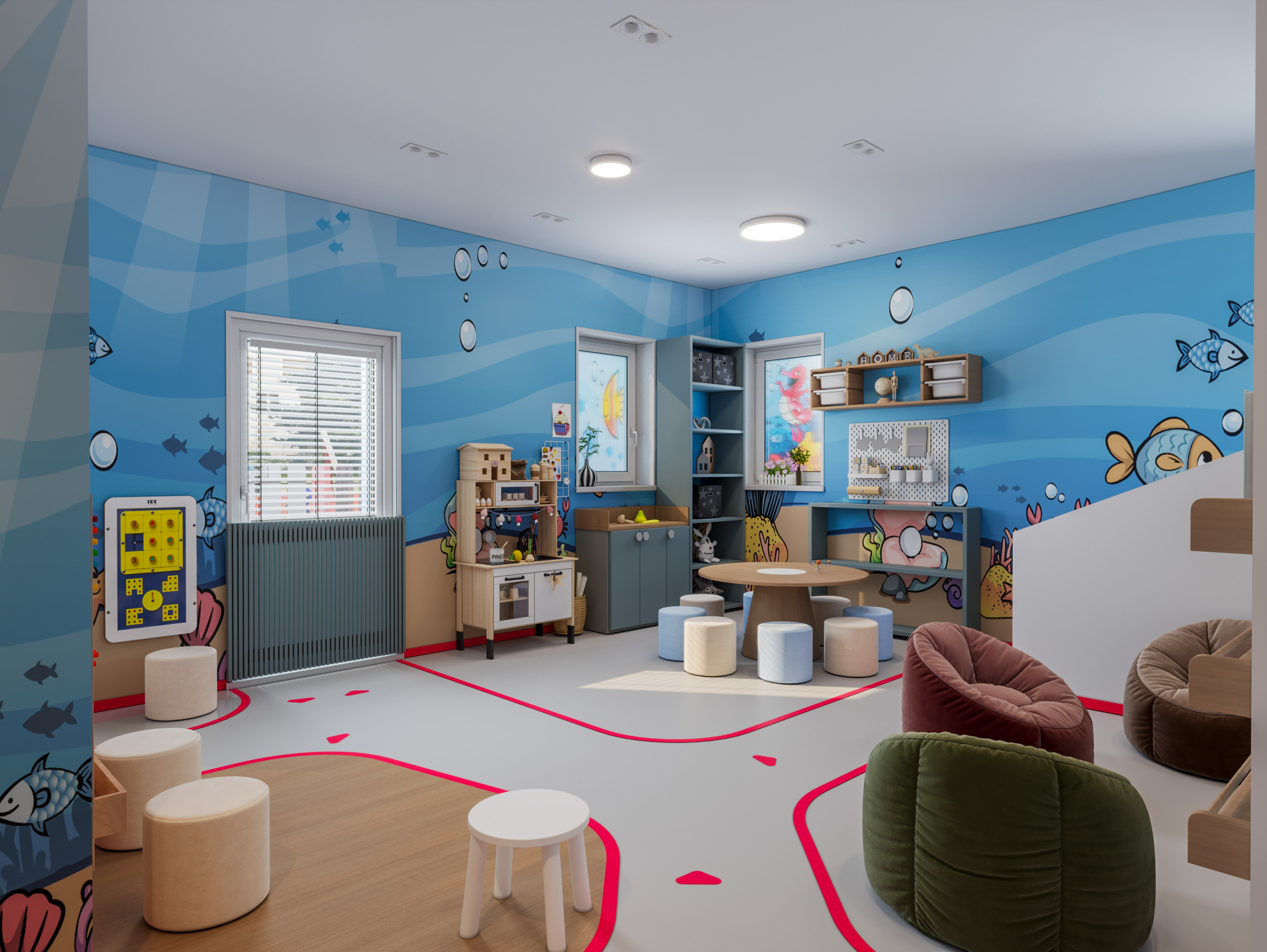 a room with a blue wall and a blue floor with a blue wall and a blue floor with a blue wall and a blue floor with a blue wall and a blue floor with a blue wall and