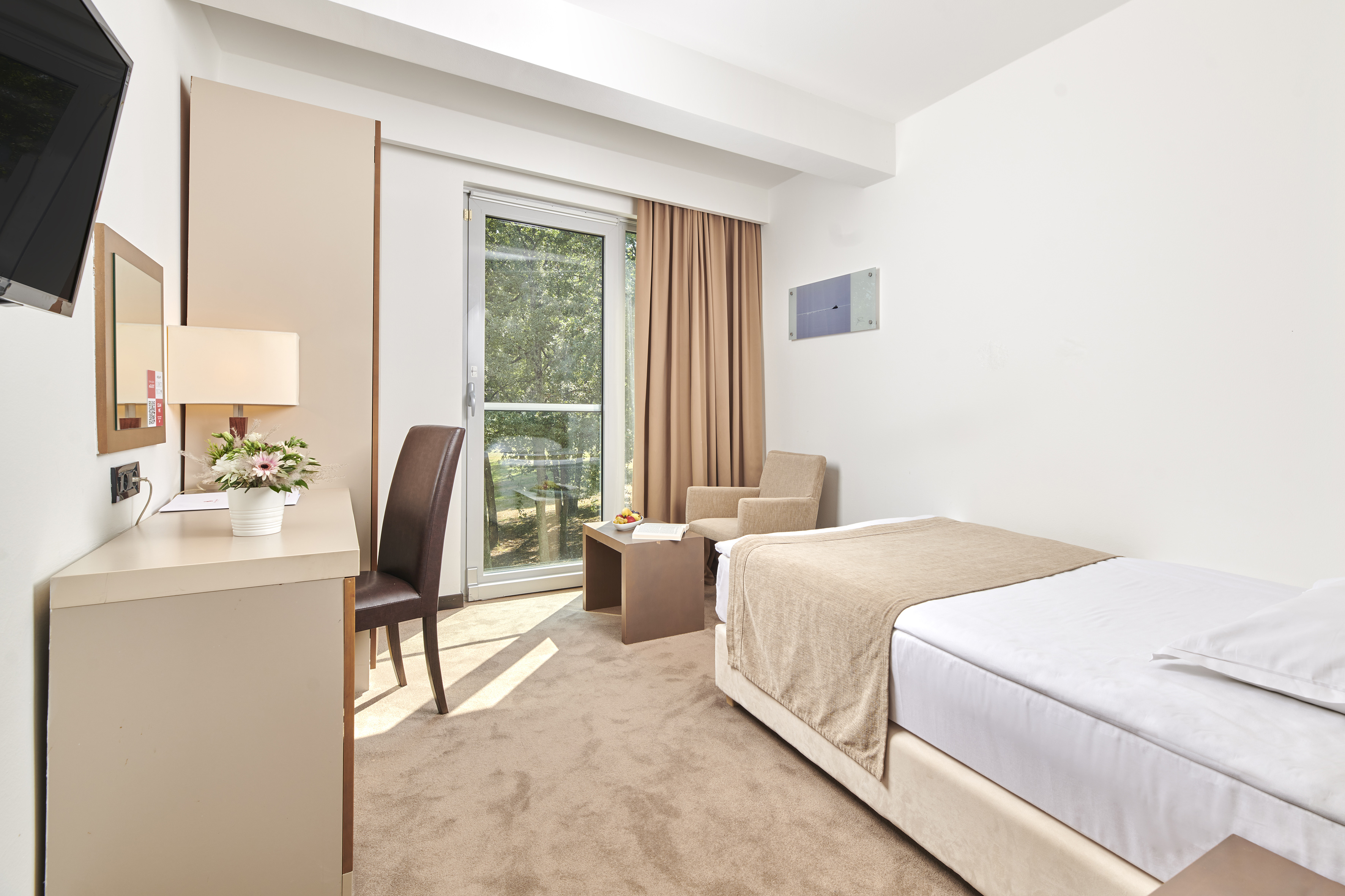 a bedroom with a bed and a desk