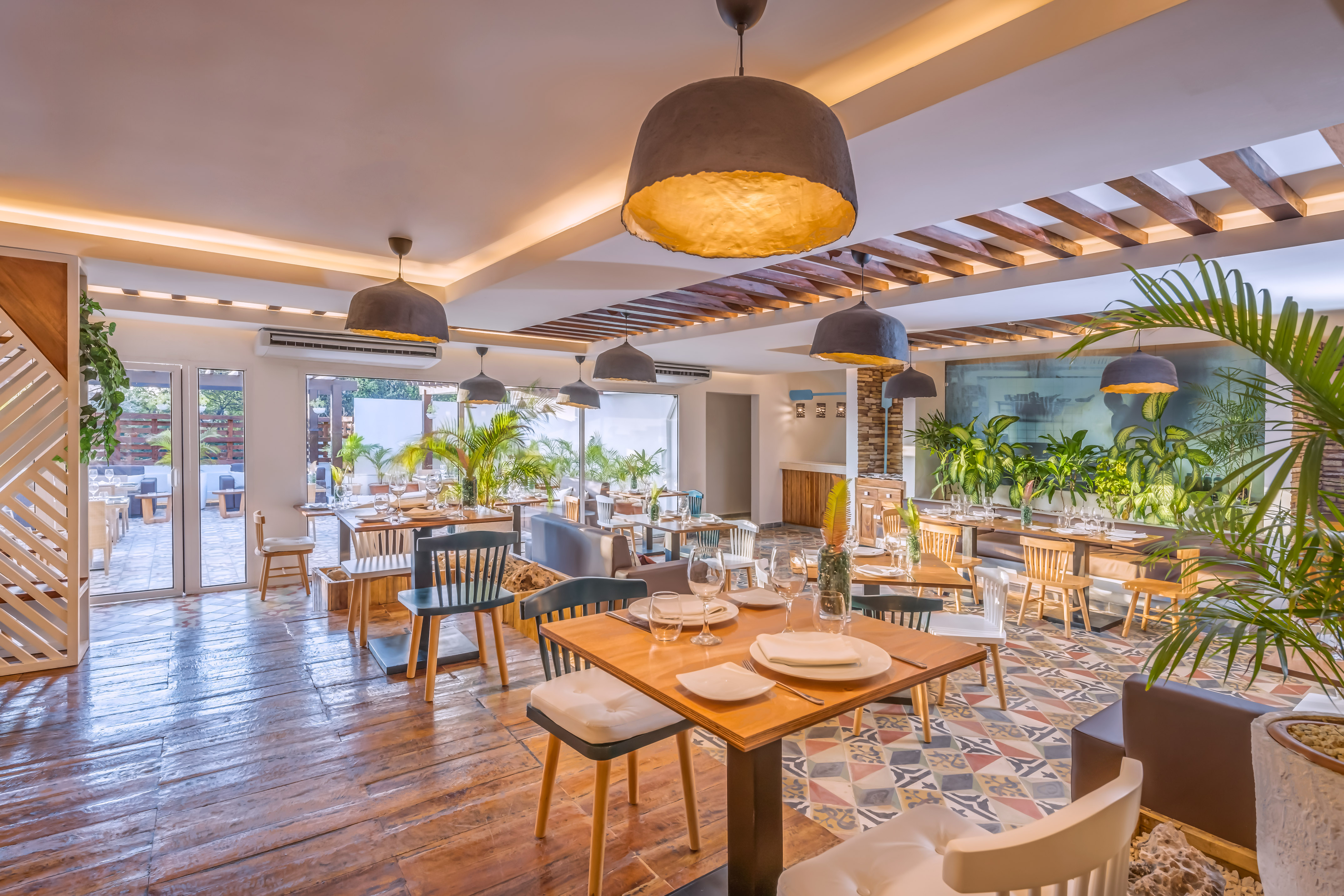 a room with tables and chairs