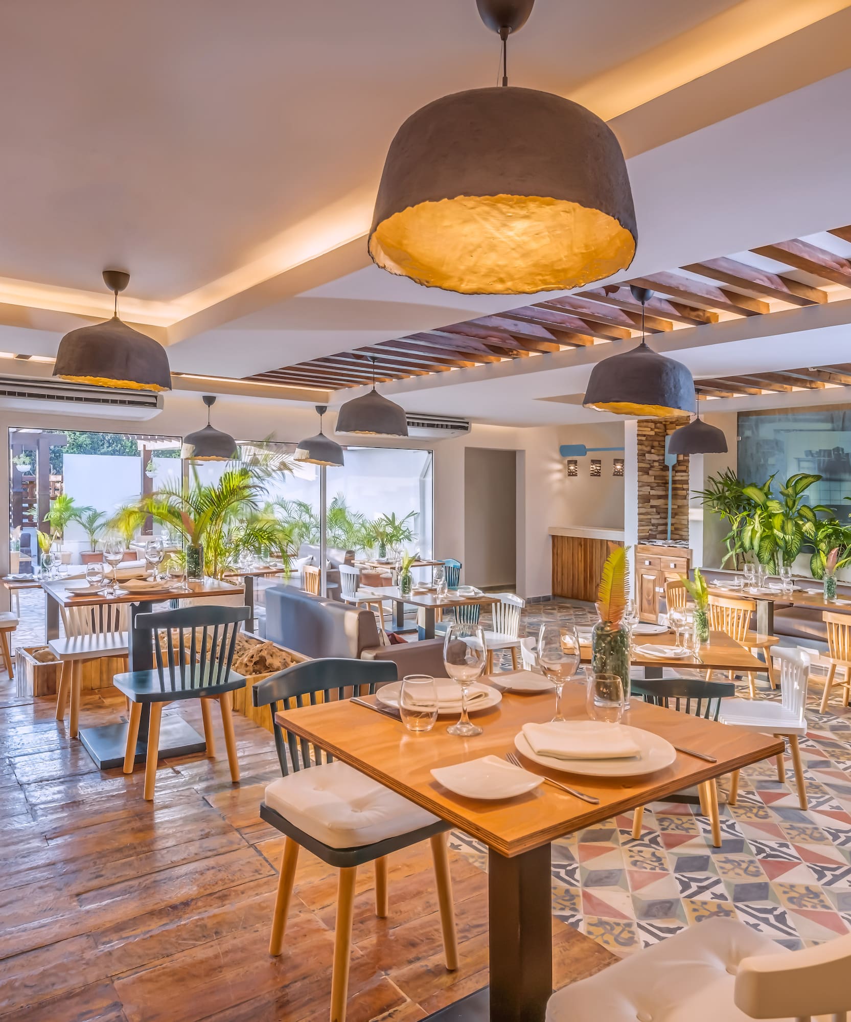 a room with tables and chairs