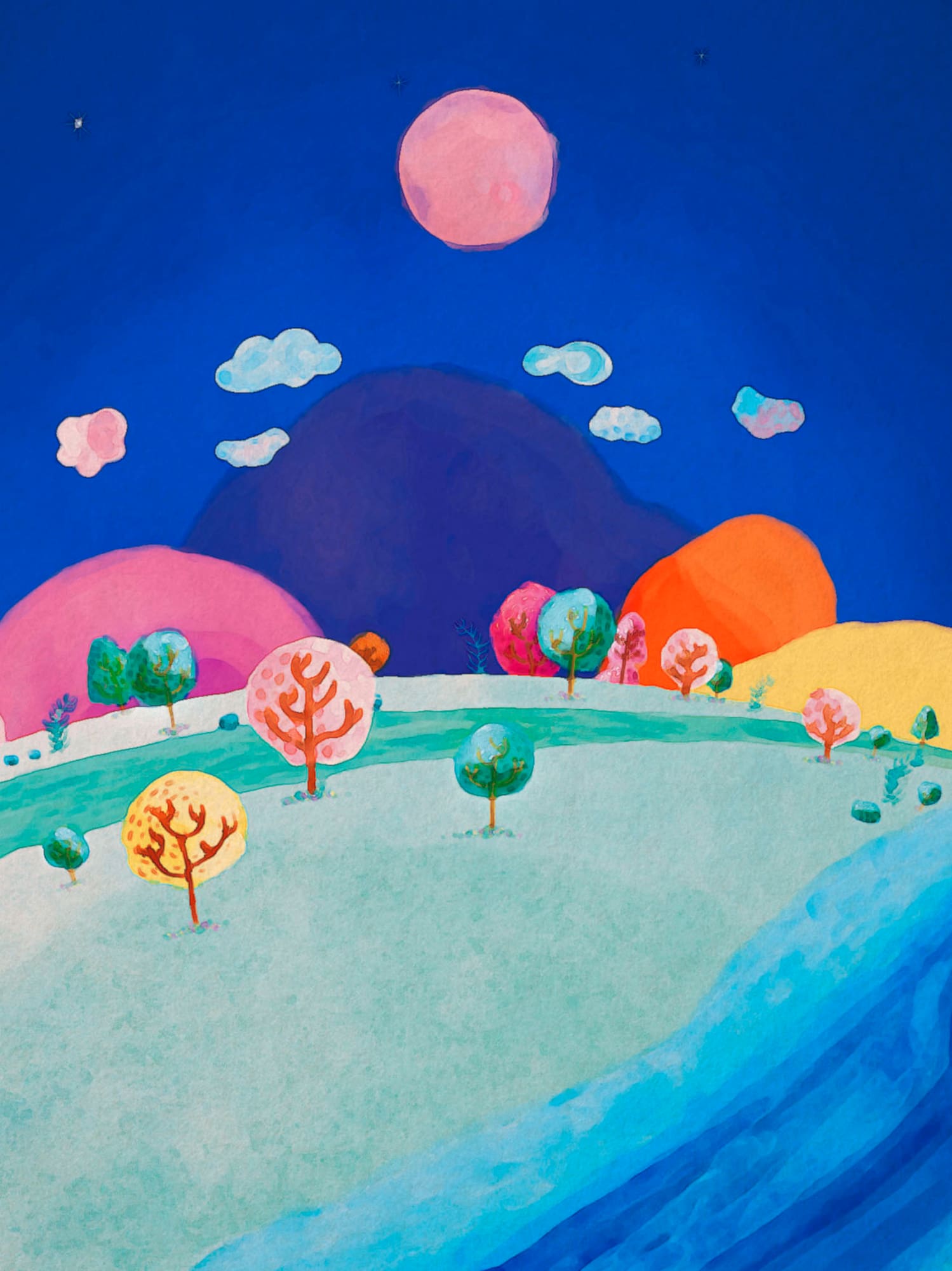 a painting of a landscape with trees and a river