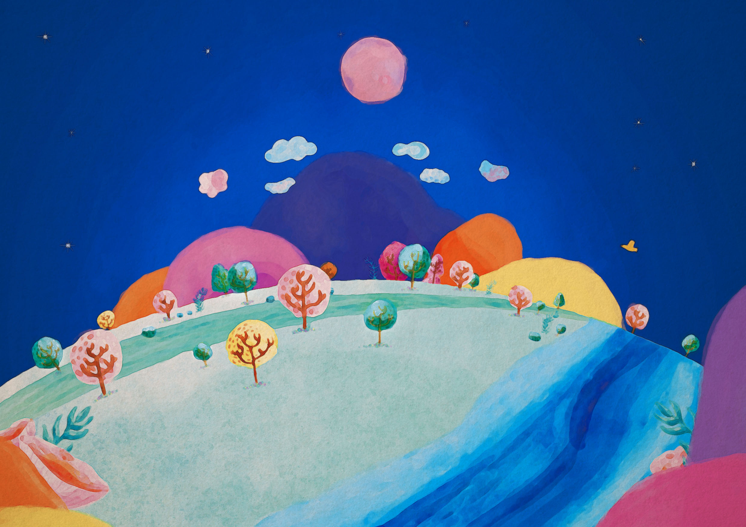 Vibrant night landscape with pink moon, colorful hills, trees, and blue river.