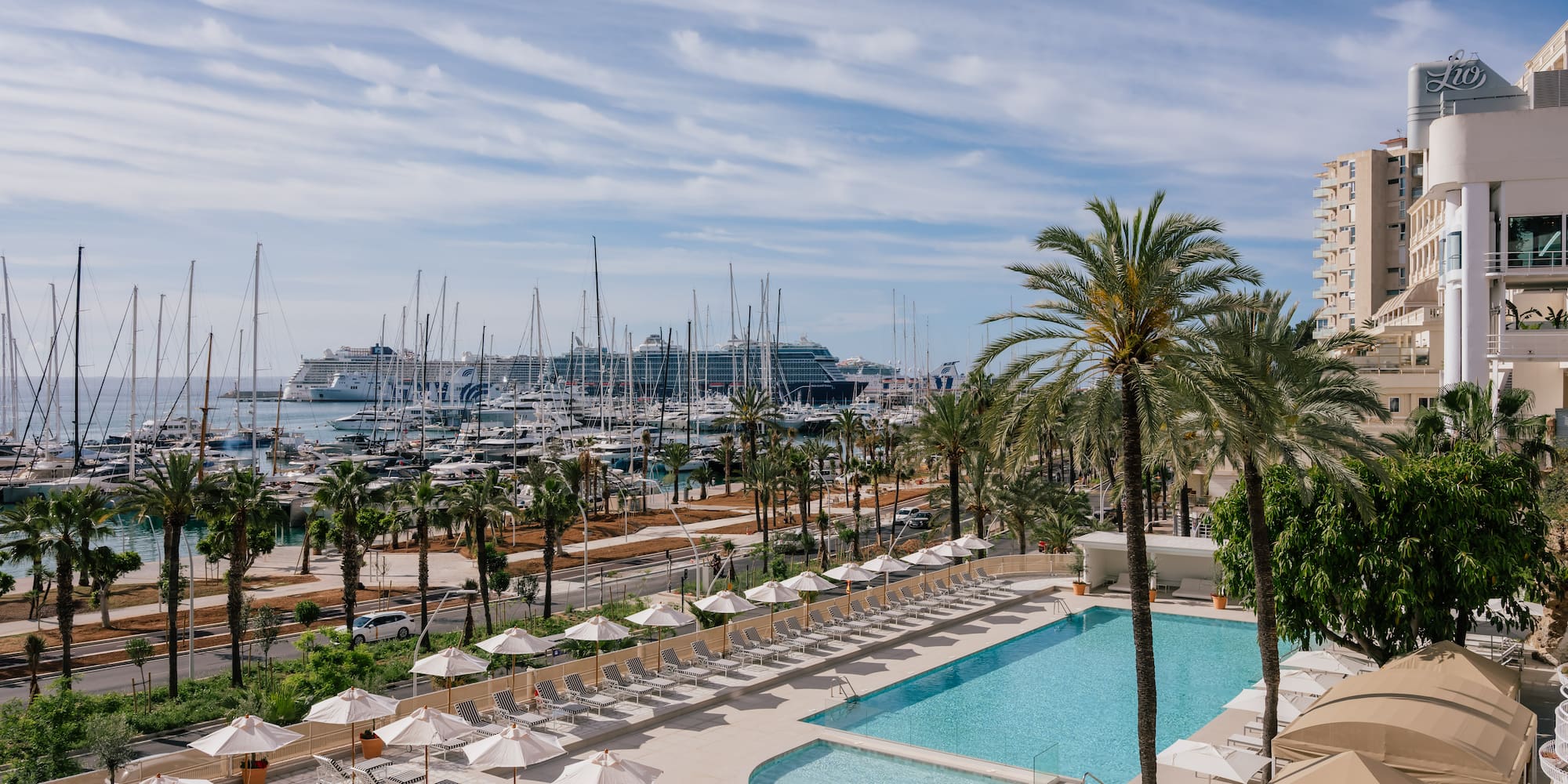 a pool and palm trees with boats in the background