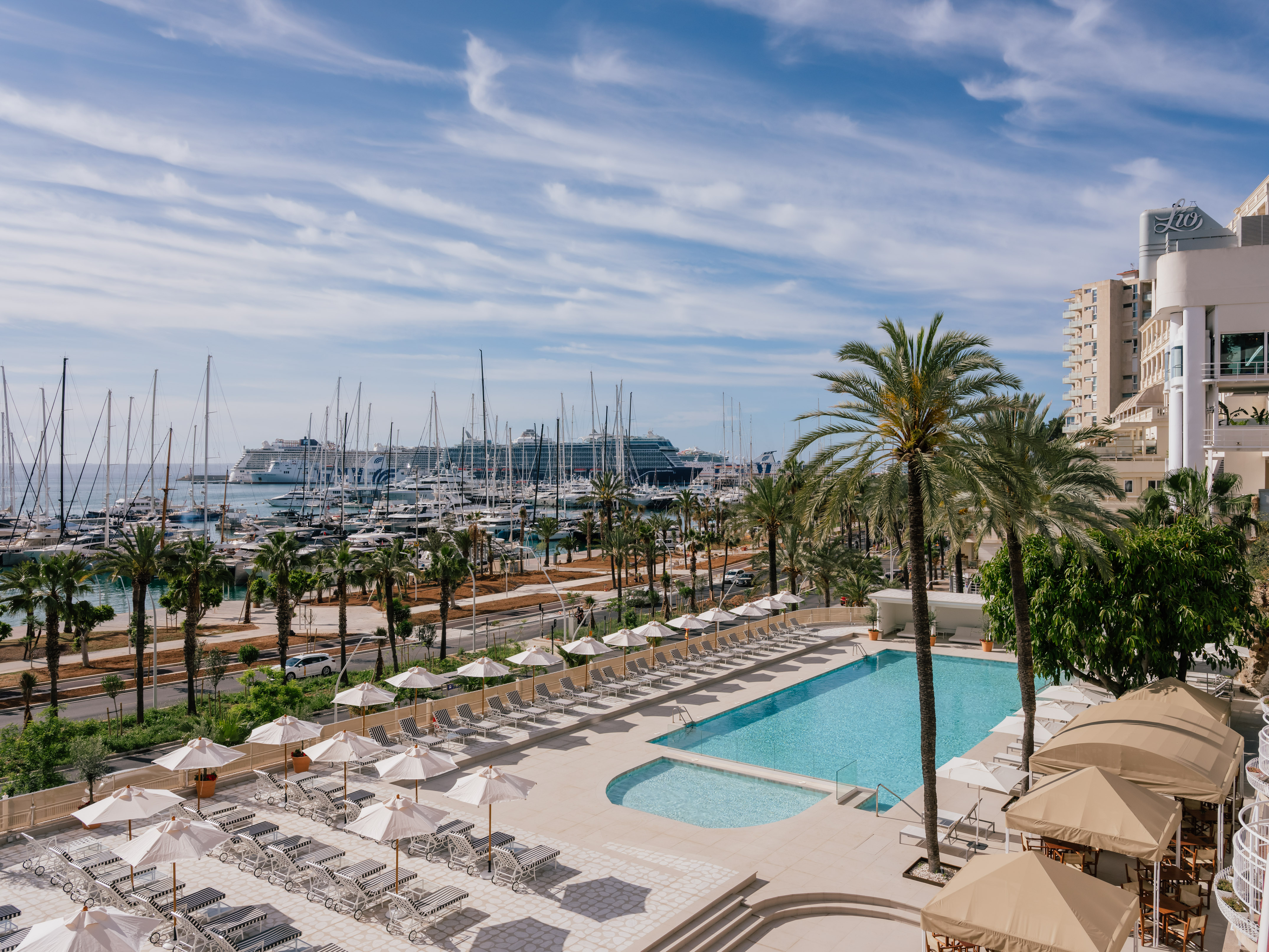 a pool and palm trees with boats in the background