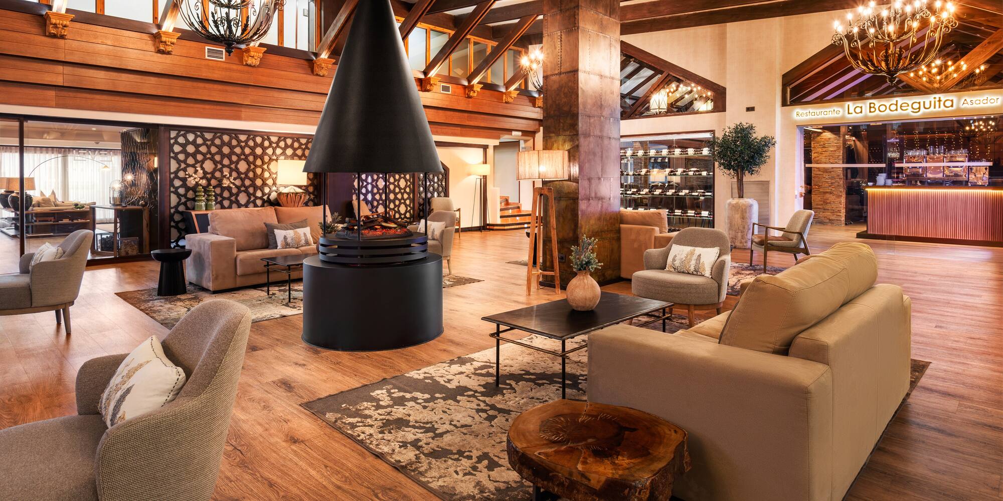 a room with a fireplace and couches