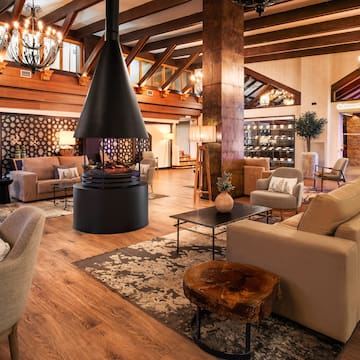 a room with a fireplace and couches