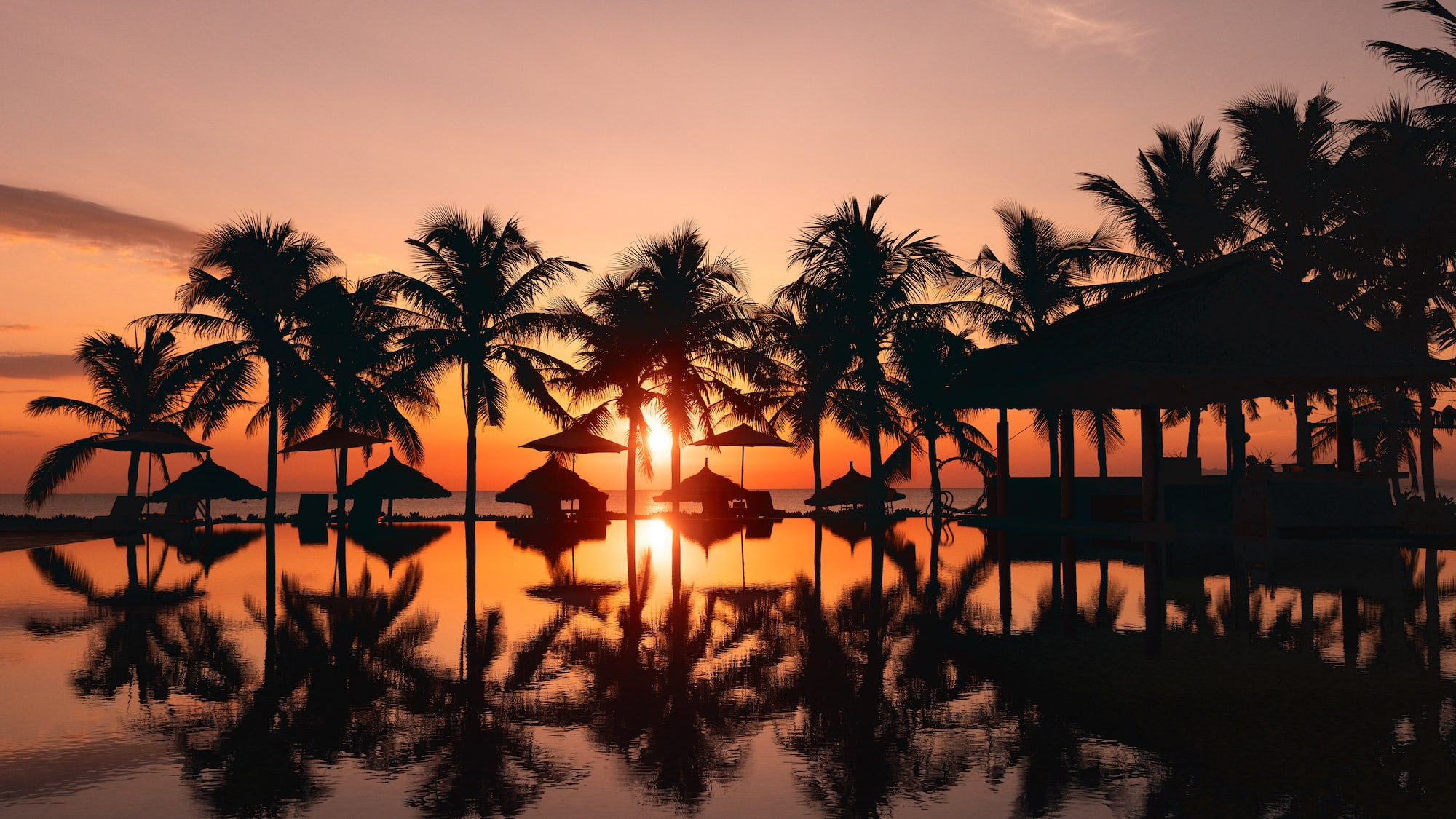 a sunset over a body of water with palm trees