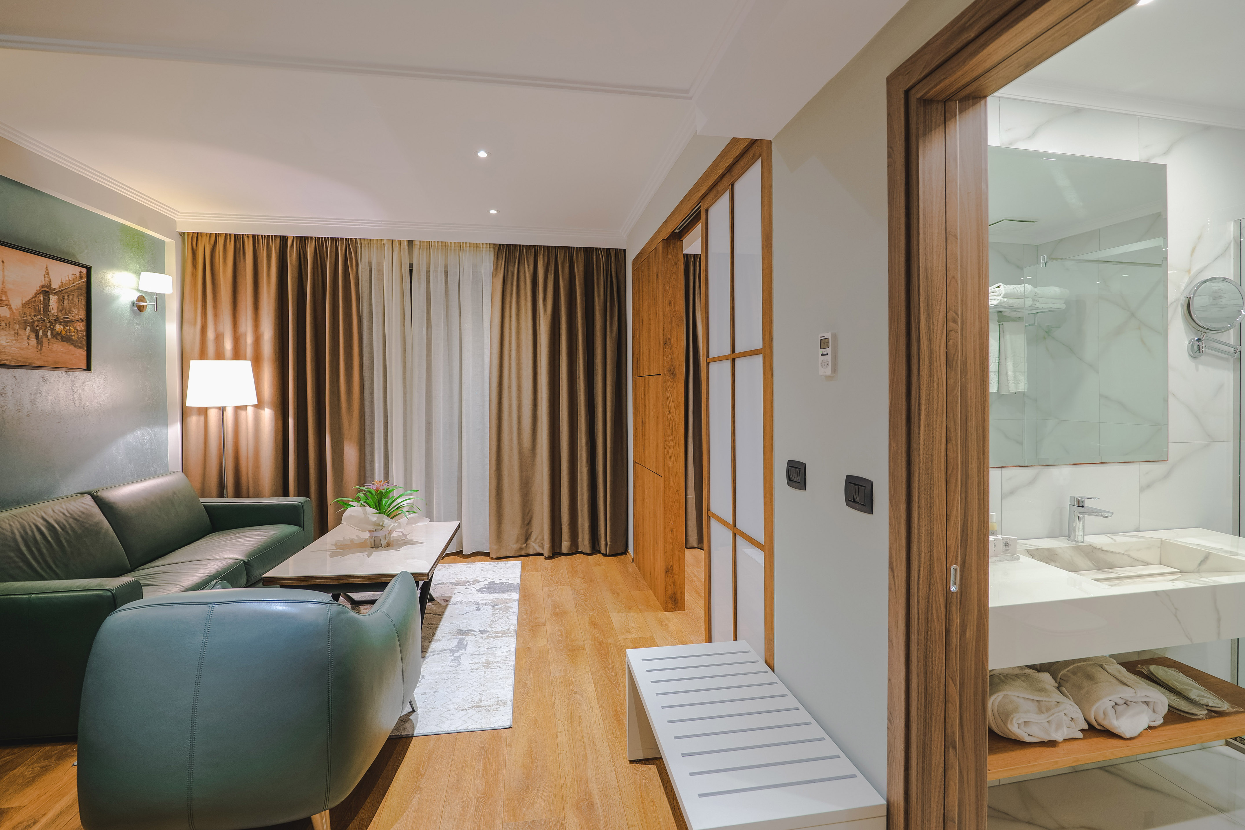 a room with a couch and a coffee table
