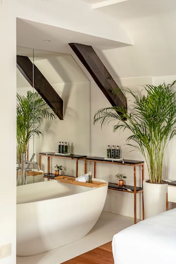 a bathroom with a tub and plants
