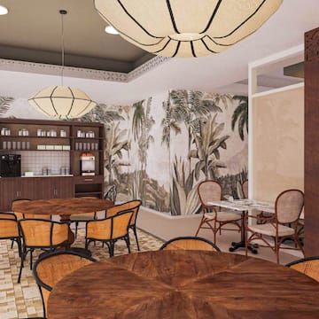 a room with tables and chairs