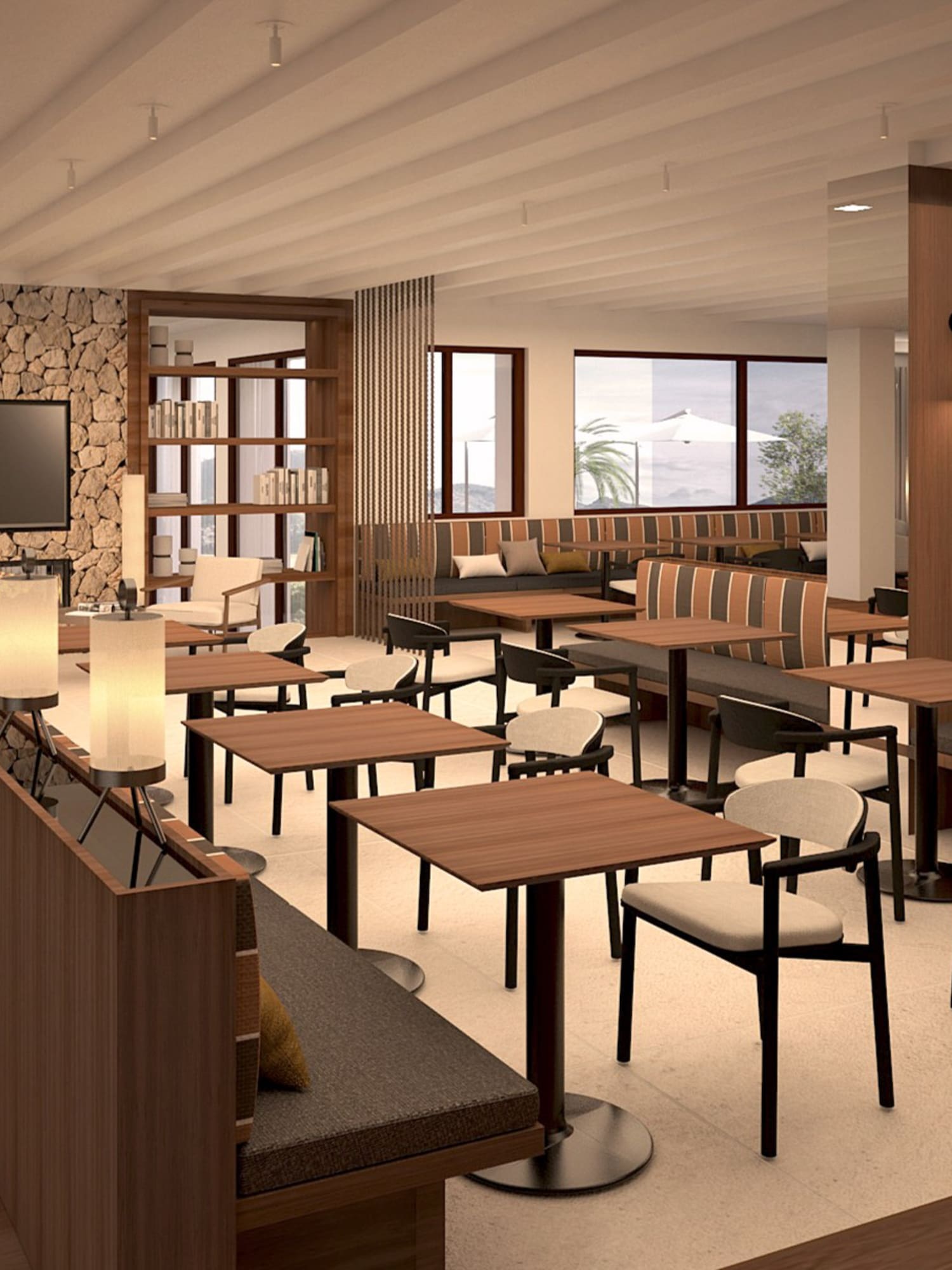 Diseño de restaurante elegante con mesas de madera y modernas lámparas. - Hotel Golf Santa Ponsa Meliá Collection, Mallorca