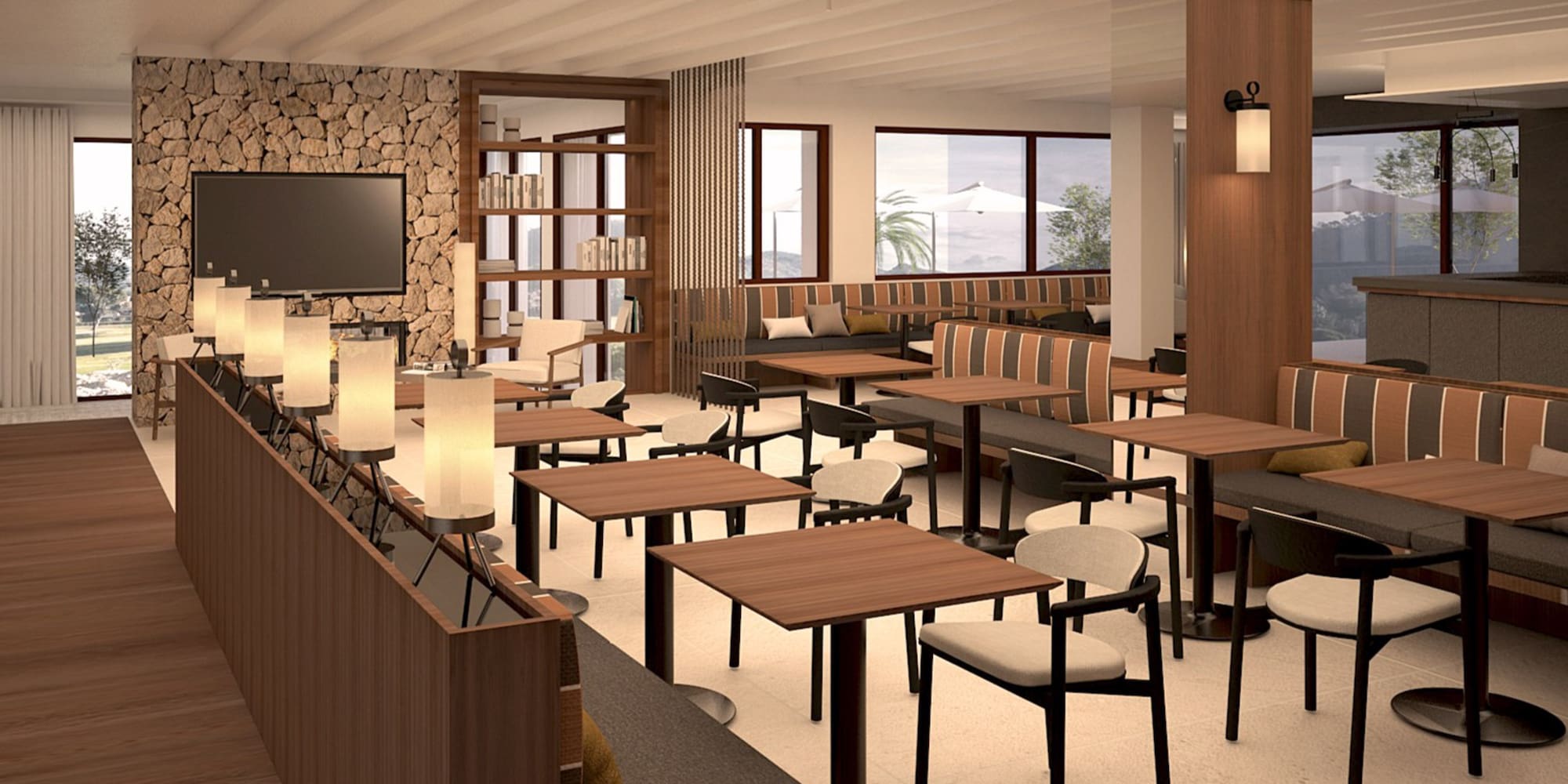Diseño de restaurante elegante con mesas de madera y modernas lámparas. - Hotel Golf Santa Ponsa Meliá Collection, Mallorca