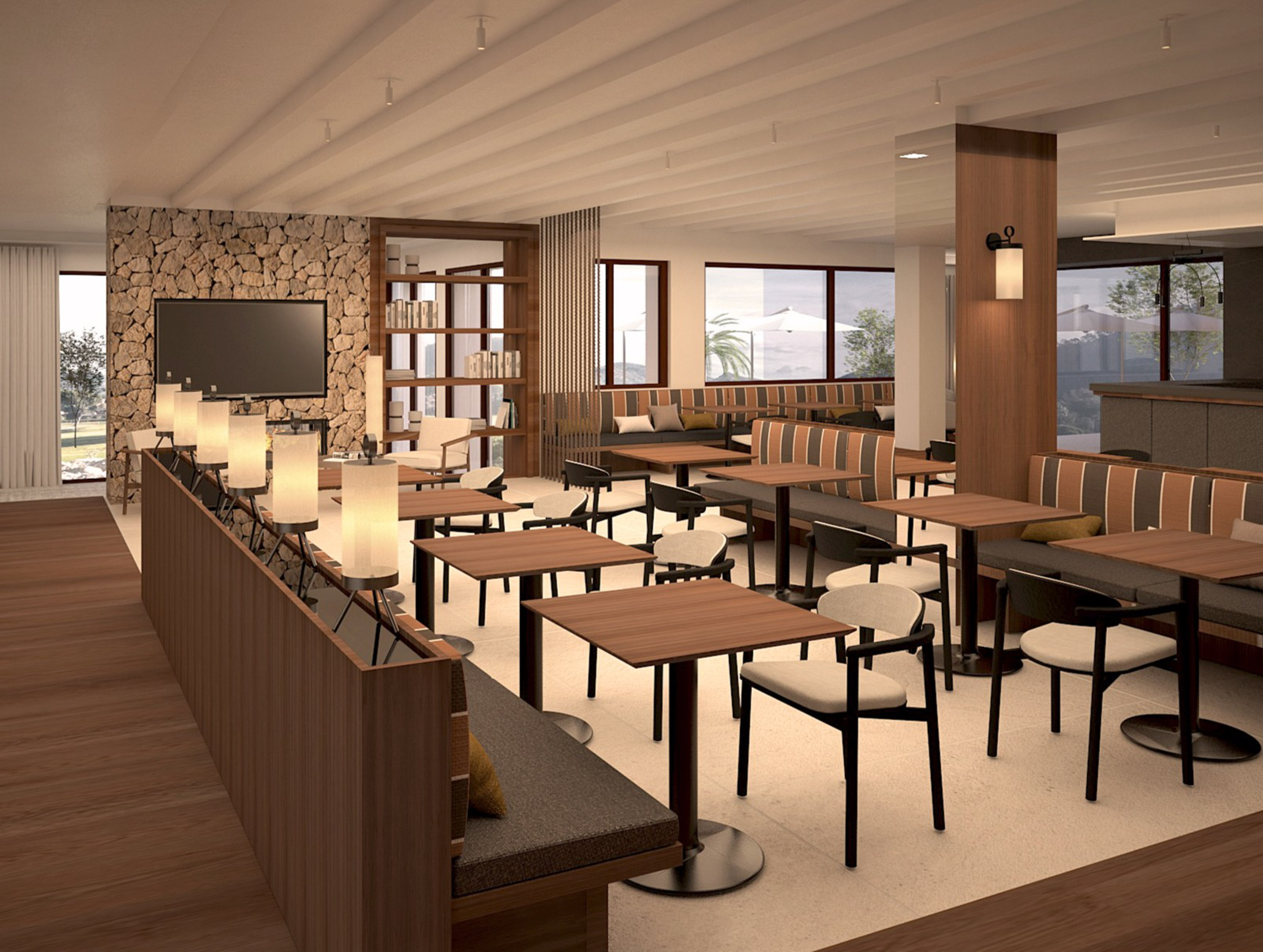 تصميم داخلي لمطعم عصري مع طاولات خشبية ومقاعد مريحة وإضاءة دافئة. - Hotel Golf Santa Ponsa Meliá Collection, مايوركا