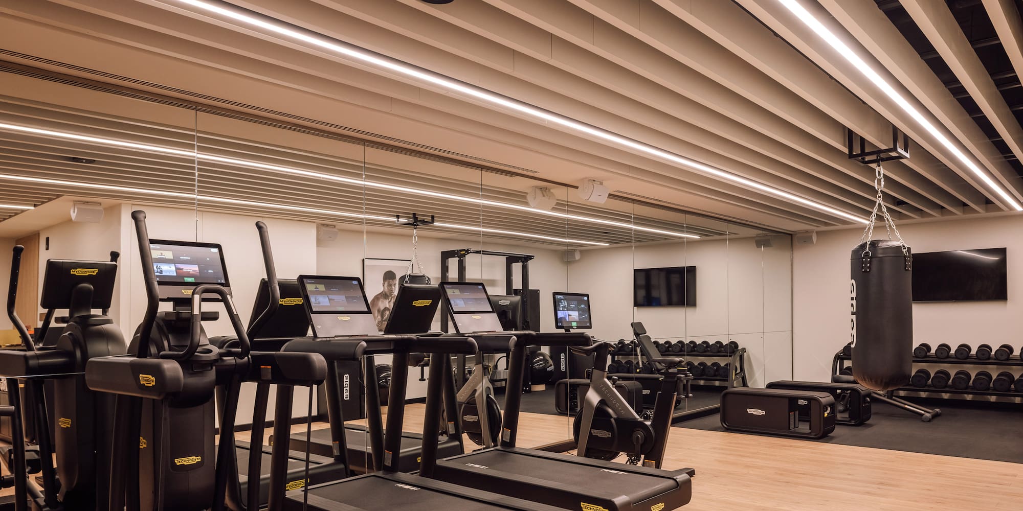 a gym with treadmills and exercise equipment