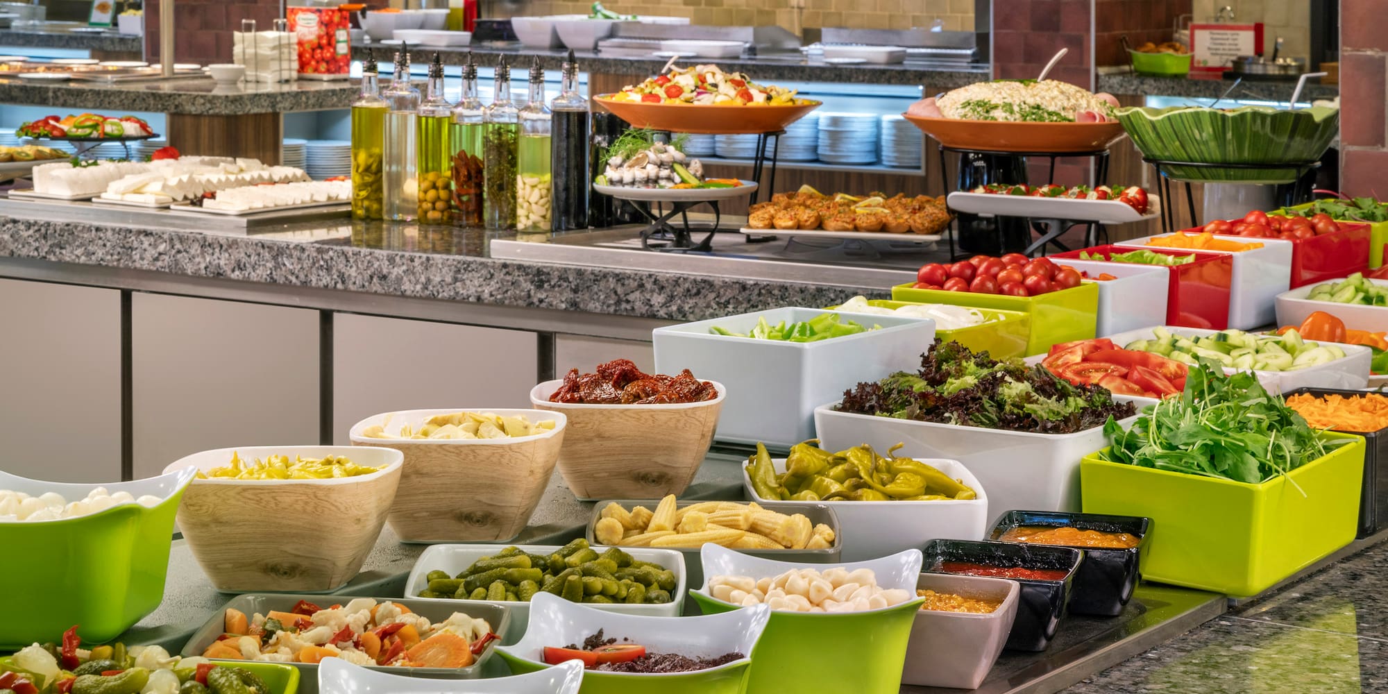 a buffet table full of food