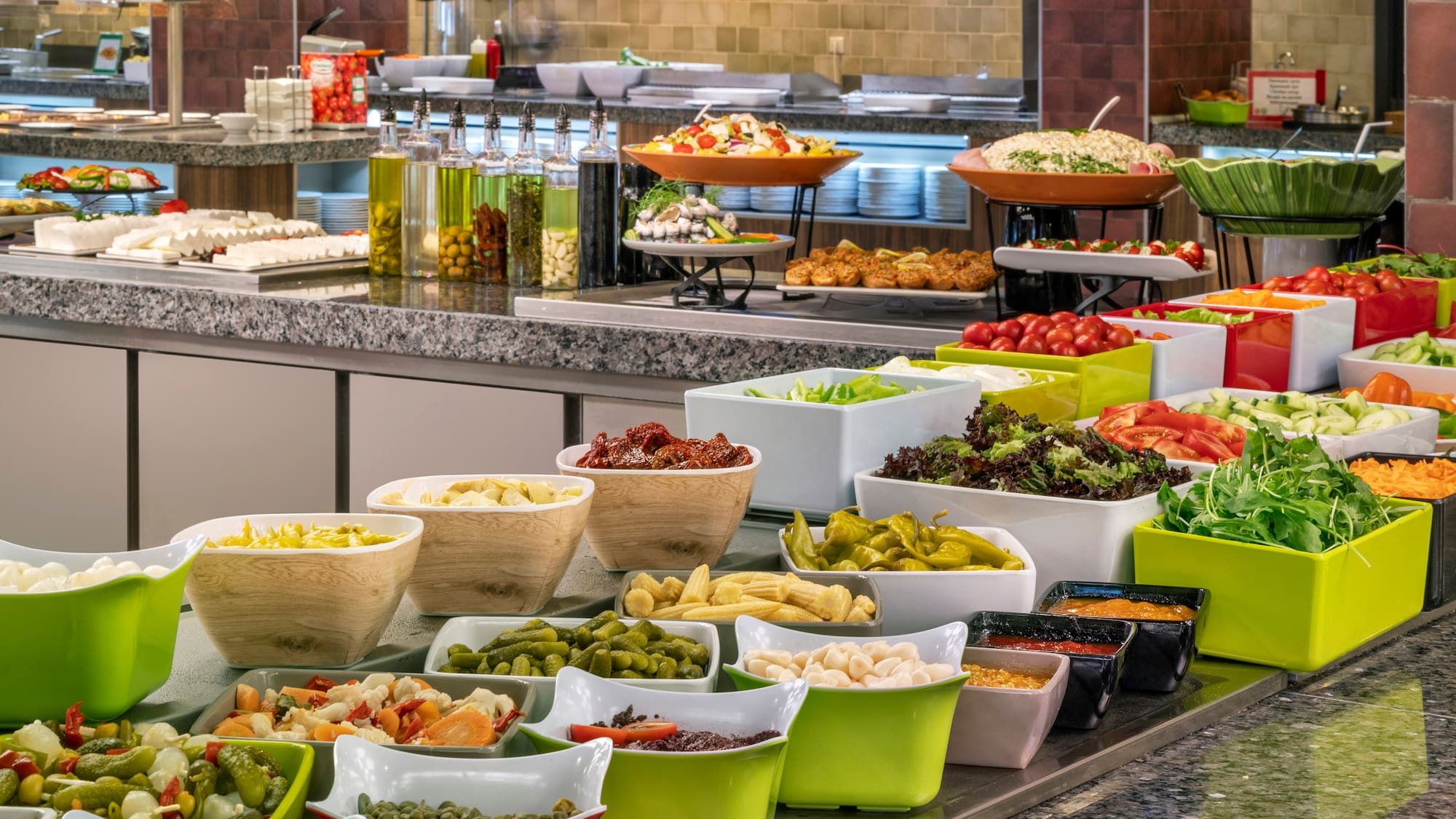 a buffet table full of food