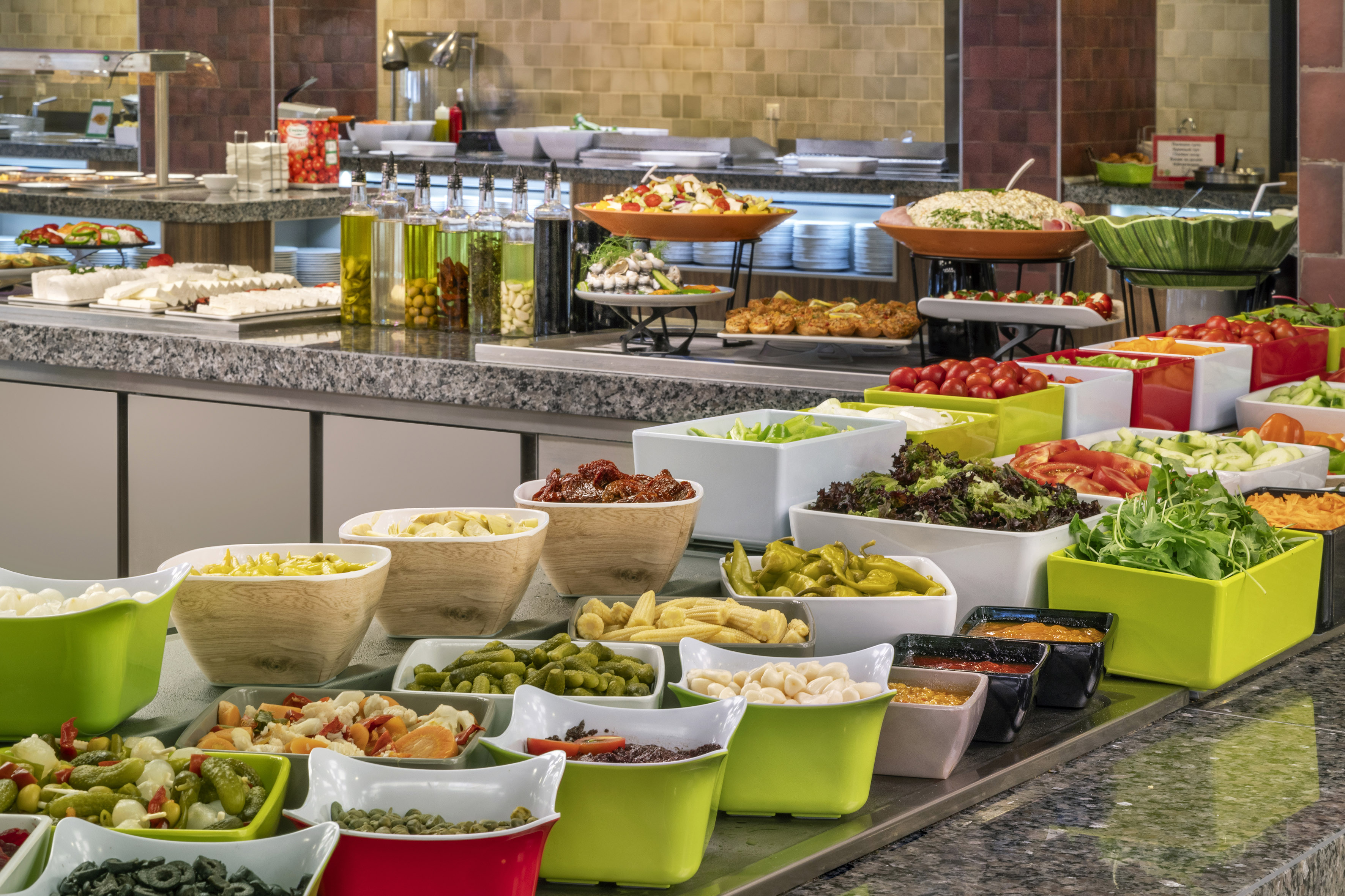 a buffet table full of food